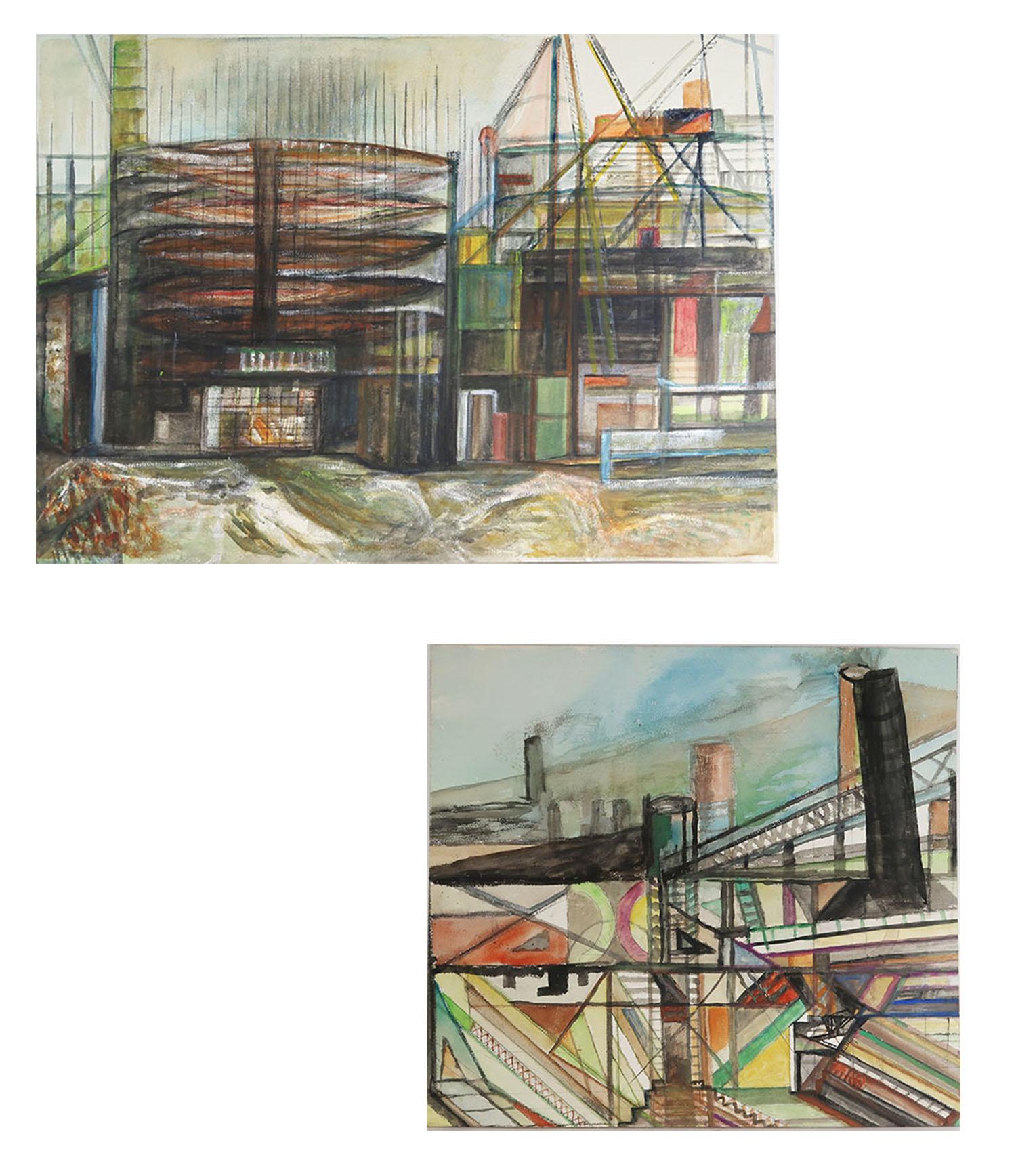 Mid-Century Modern Mid Century Watercolor Drawing, Industrial / Architectural Theme For Sale