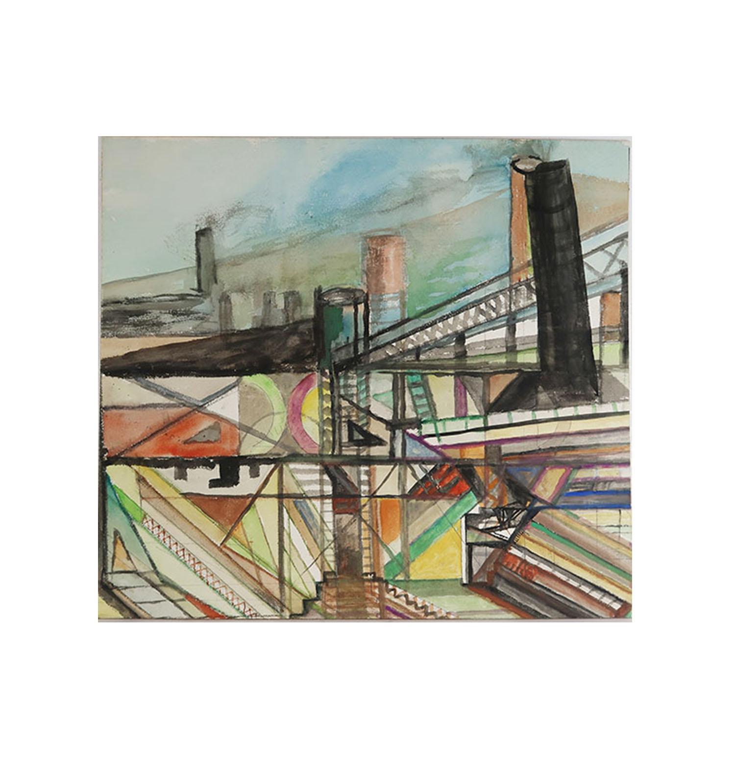 English Mid Century Watercolor Drawing, Industrial / Architectural Theme For Sale