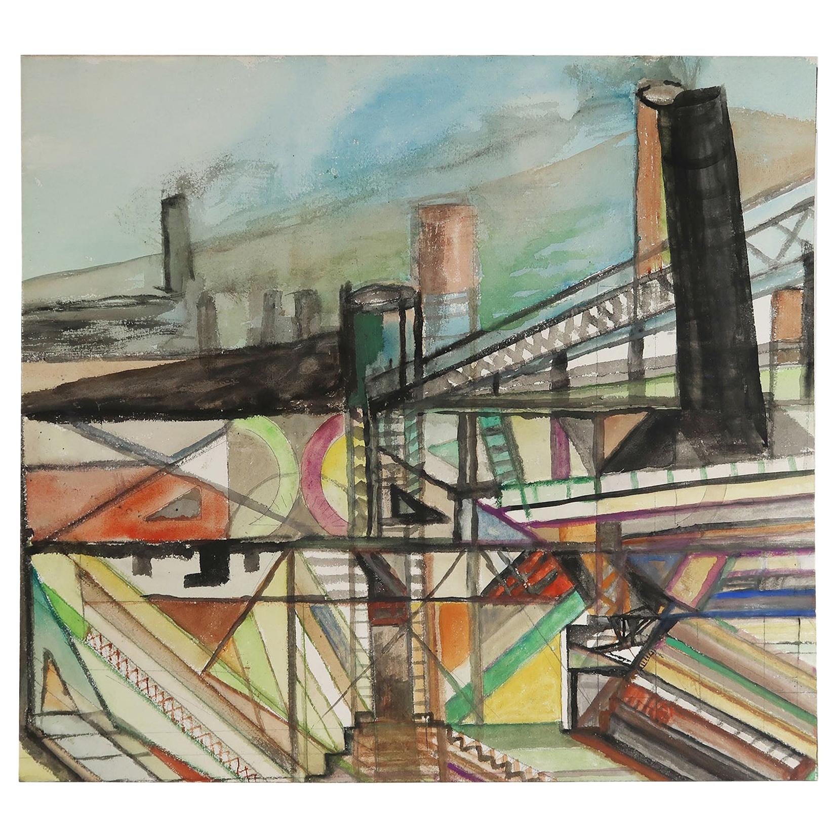 Mid Century Watercolor Drawing, Industrial / Architectural Theme