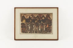 Mid Century Watercolor Village Scene on Paper