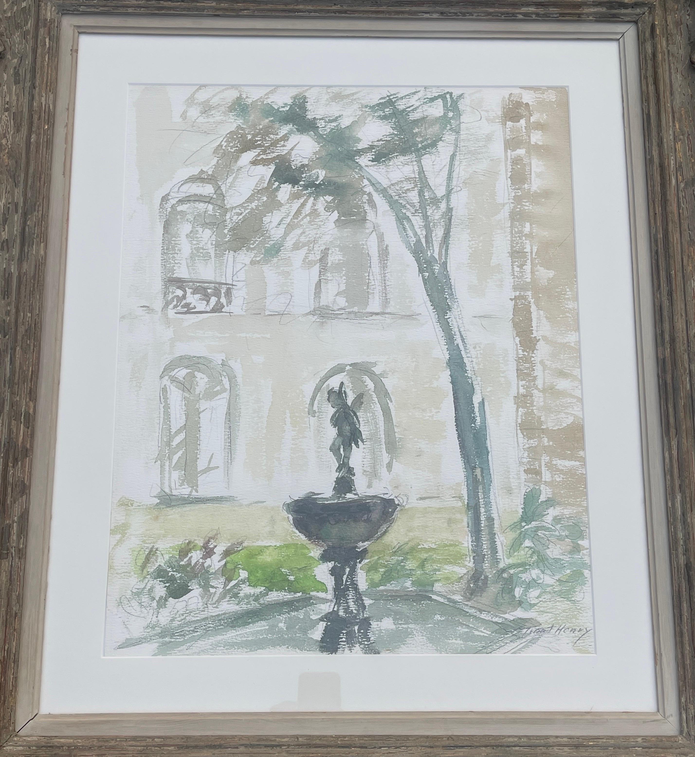 Large French Painting of a Fountain in Court Yard by Stuart Henry.
This is a Mid-Century Modern watercoloring in a beautiful wooden Rococo style frame.