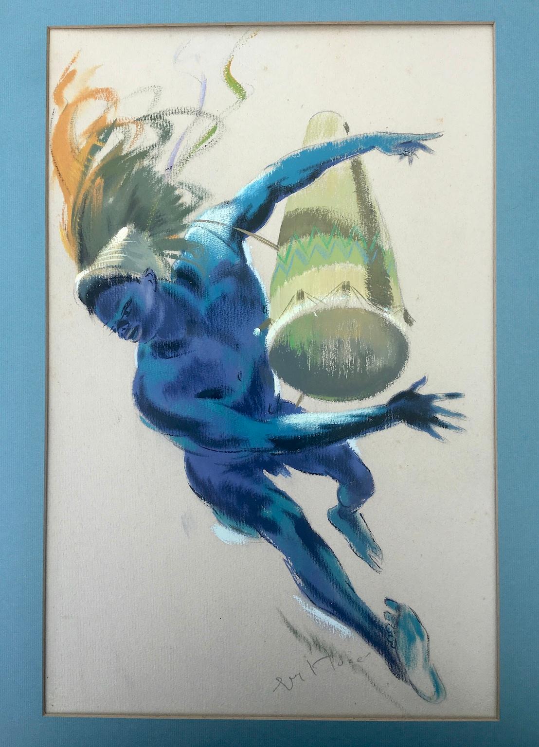 Mid-Century Watercolour Painting of an ‘African Dancer with Drum’ by Guy Huze 2