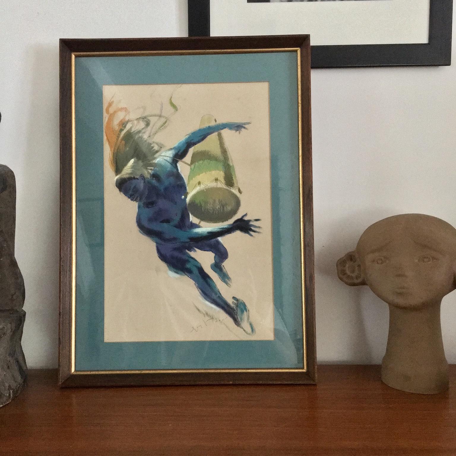 Mid-Century Watercolour Painting of an ‘African Dancer with Drum’ by Guy Huze, 1912-1997

Midcentury watercolour of an ‘African Dancer with drum’ by Guy Huze, circa 1950s. In the original oak frame, with gold inner frame. Beautiful vibrant blue