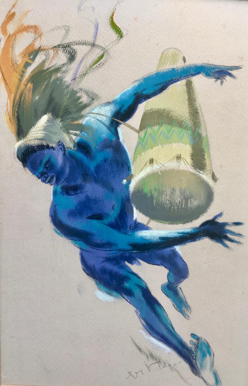 Mid-Century Modern Mid-Century Watercolour Painting of an ‘African Dancer with Drum’ by Guy Huze