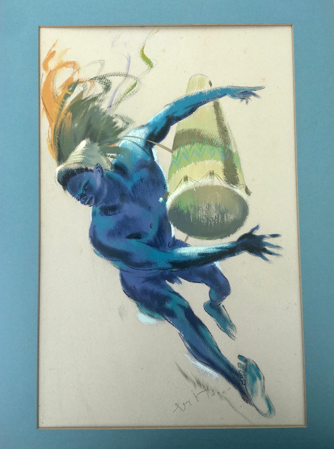 Ghanaian Mid-Century Watercolour Painting of an ‘African Dancer with Drum’ by Guy Huze