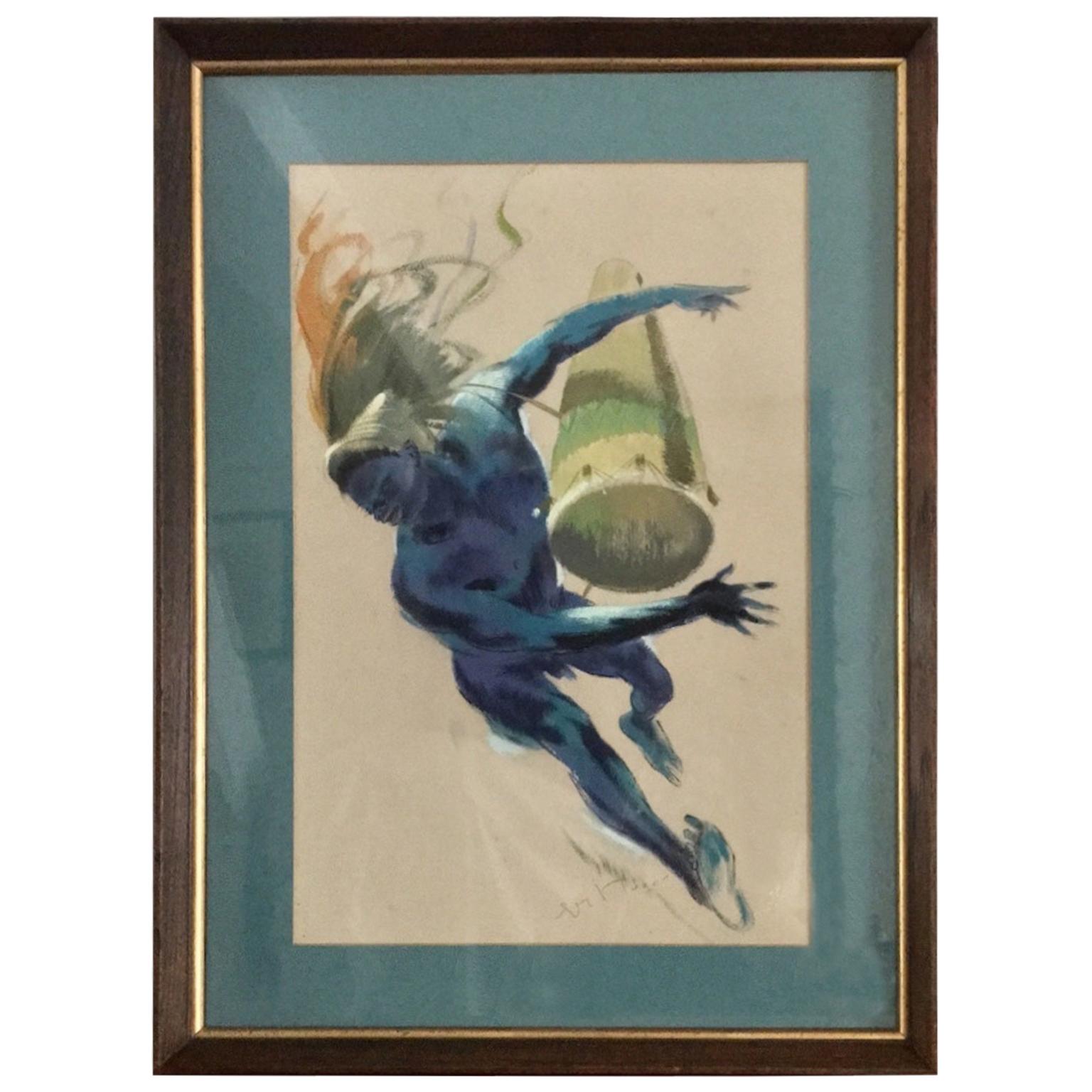 Mid-Century Watercolour Painting of an ‘African Dancer with Drum’ by Guy Huze