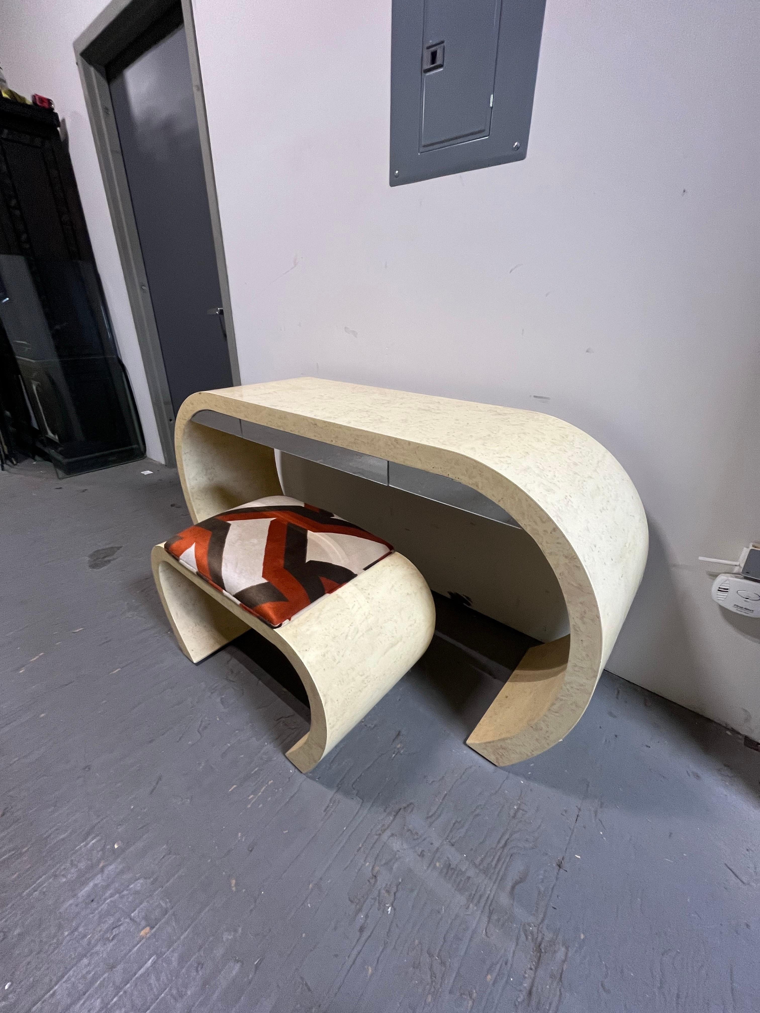 Upholstery Mid Century Waterfall Vanity/Desk and Stool Springer Style For Sale