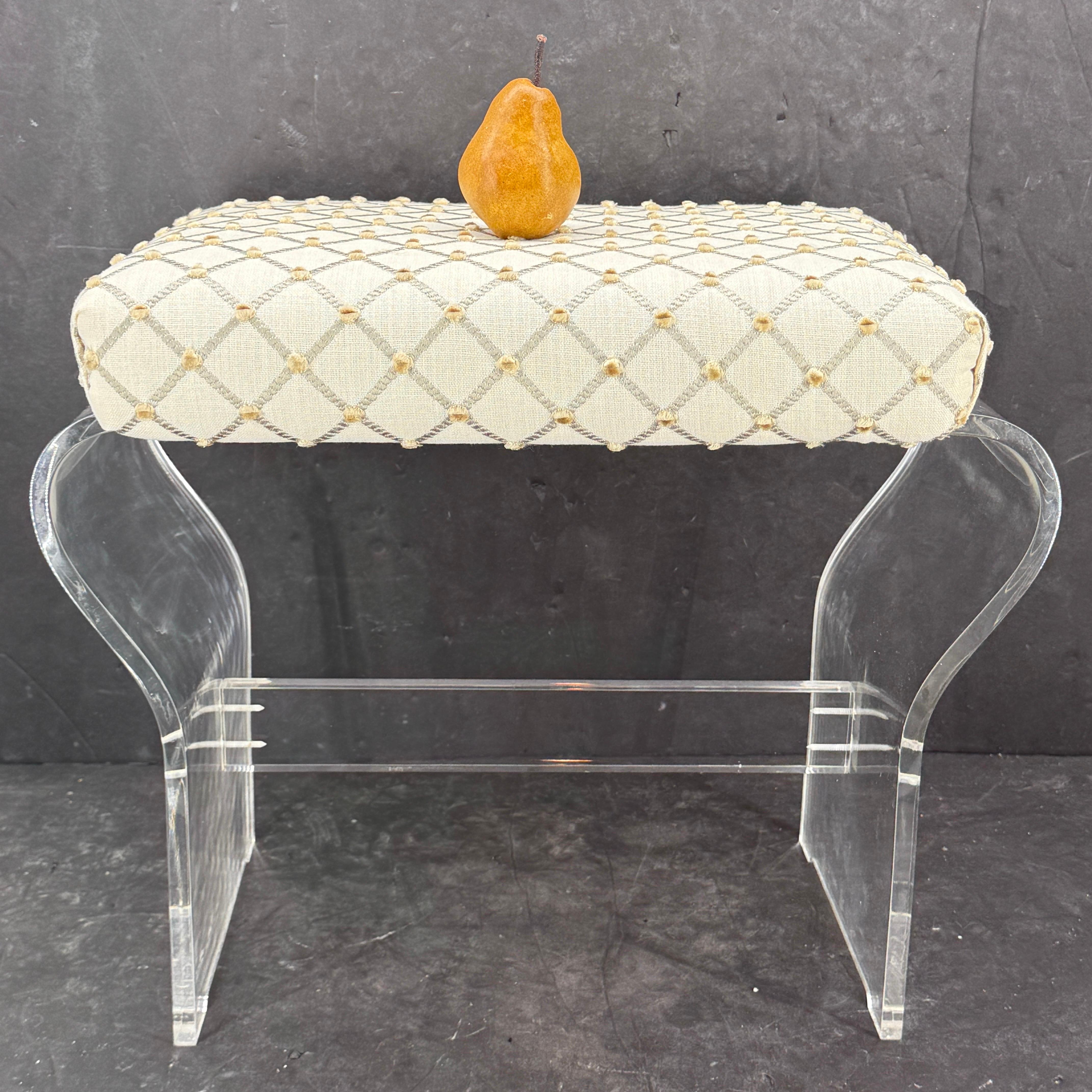 American Mid-Century Waterfall Upholstered Lucite Stool or Bench For Sale