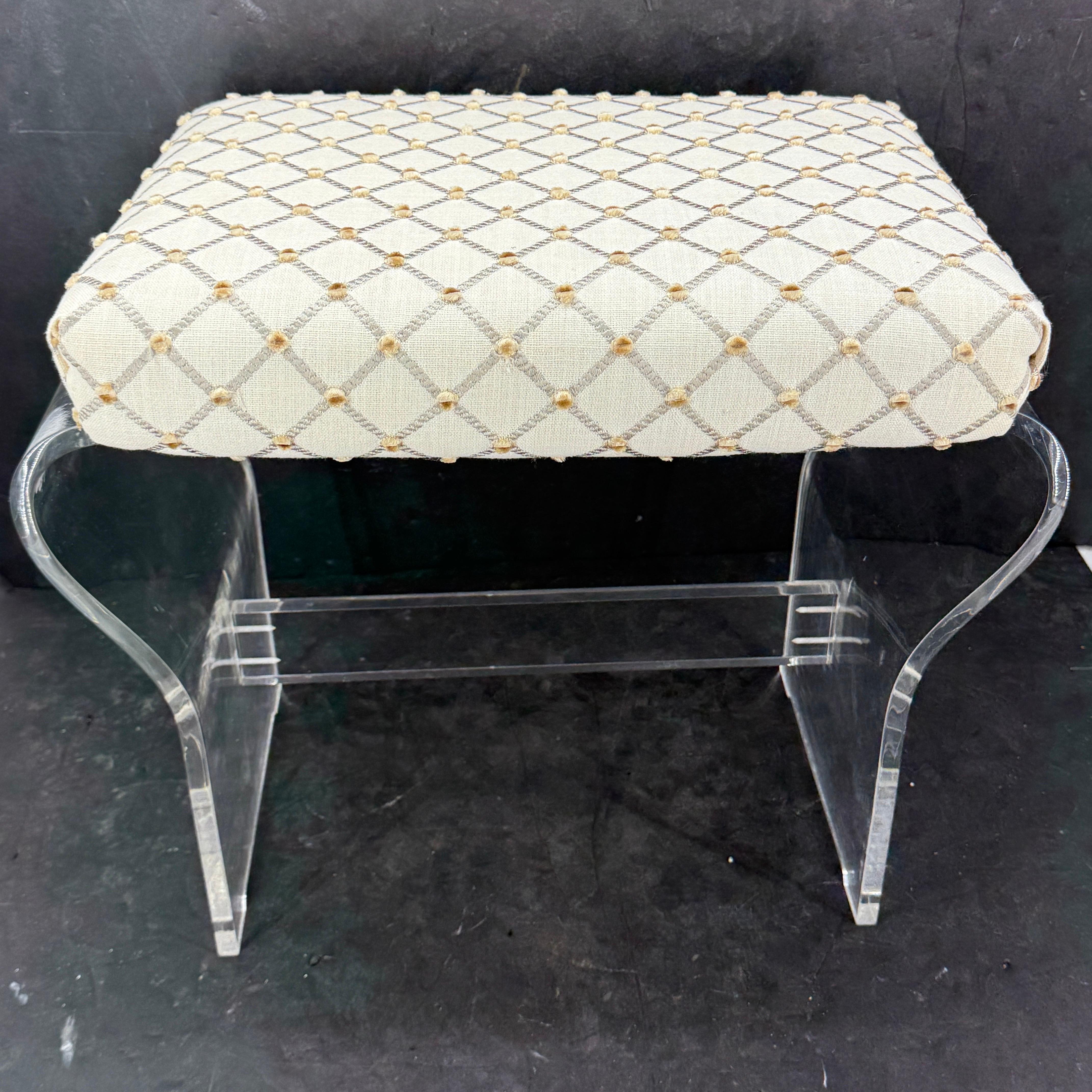Hand-Crafted Mid-Century Waterfall Upholstered Lucite Stool or Bench For Sale