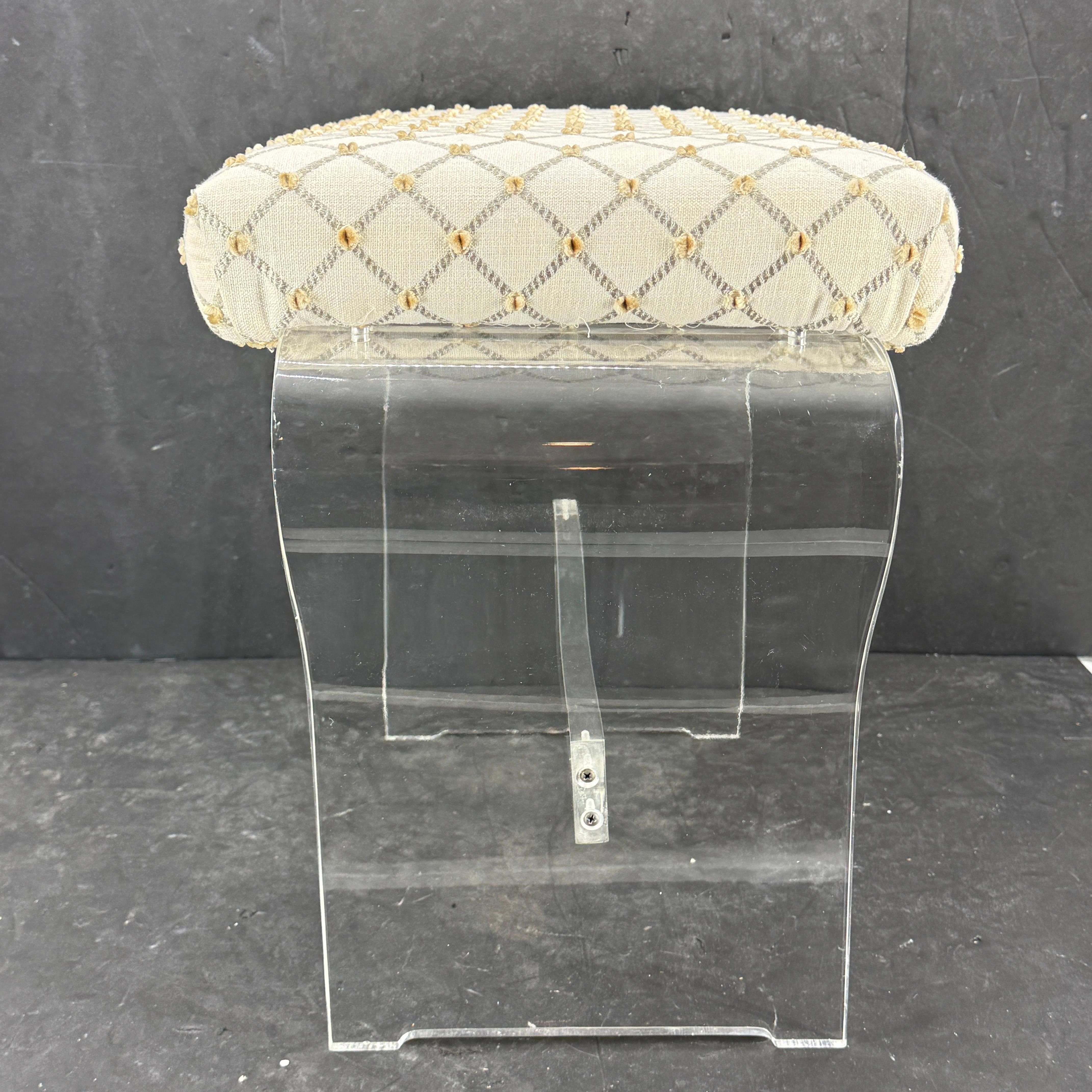 Mid-Century Waterfall Upholstered Lucite Stool or Bench For Sale 1