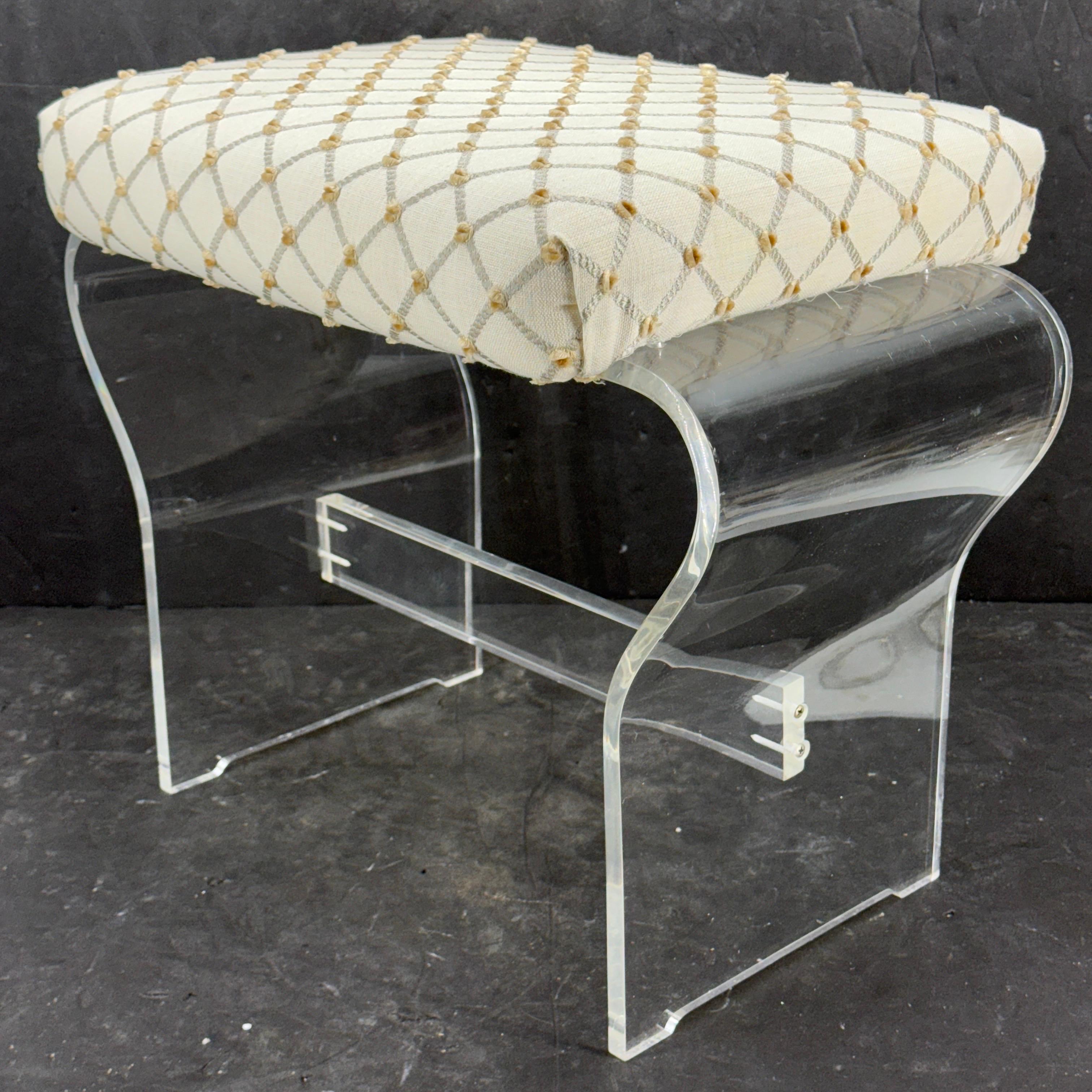 Mid-Century Waterfall Upholstered Lucite Stool or Bench For Sale 2