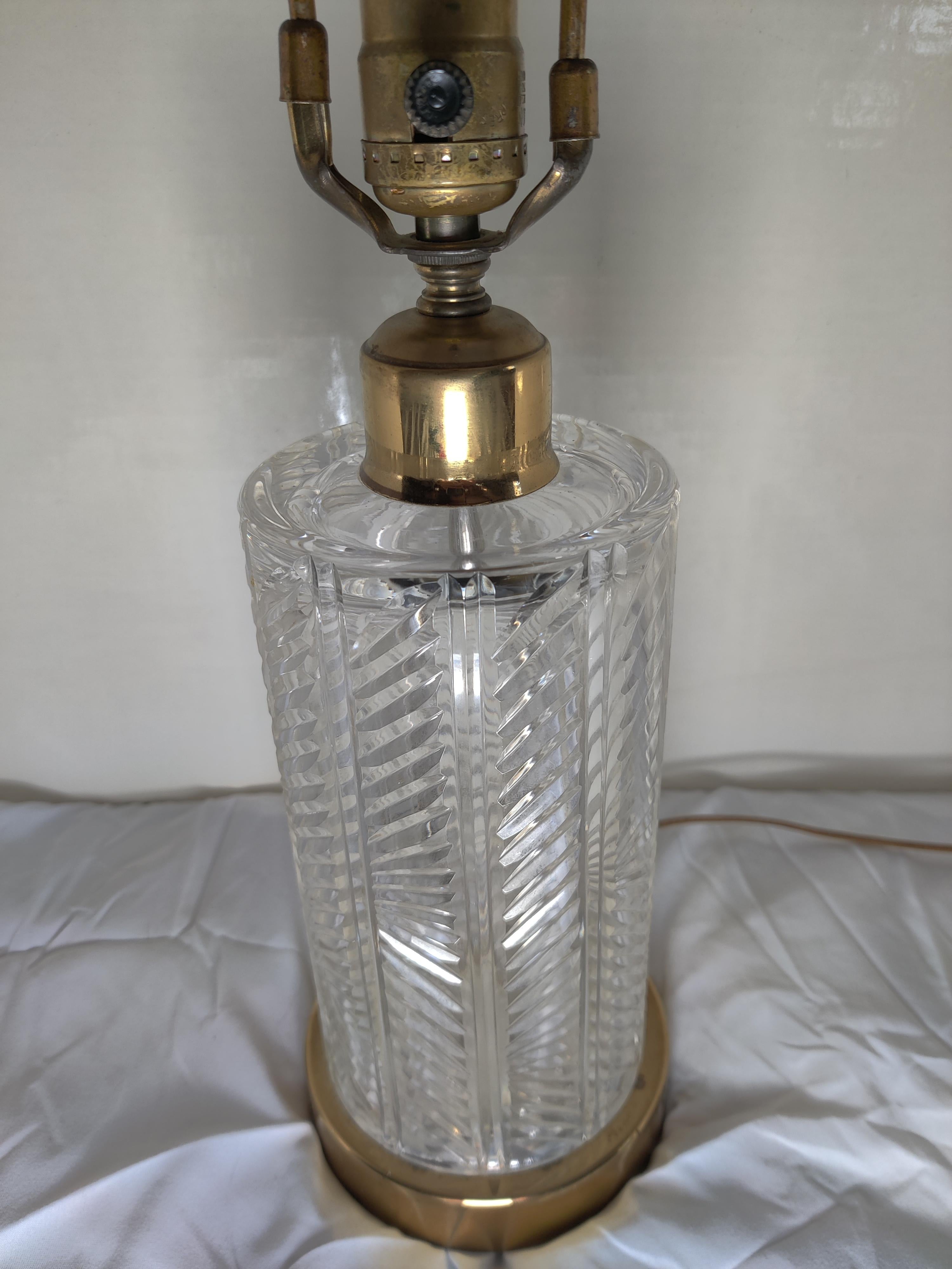 Brass Mid Century Waterford Herringbone Cut Crystal Lamp For Sale