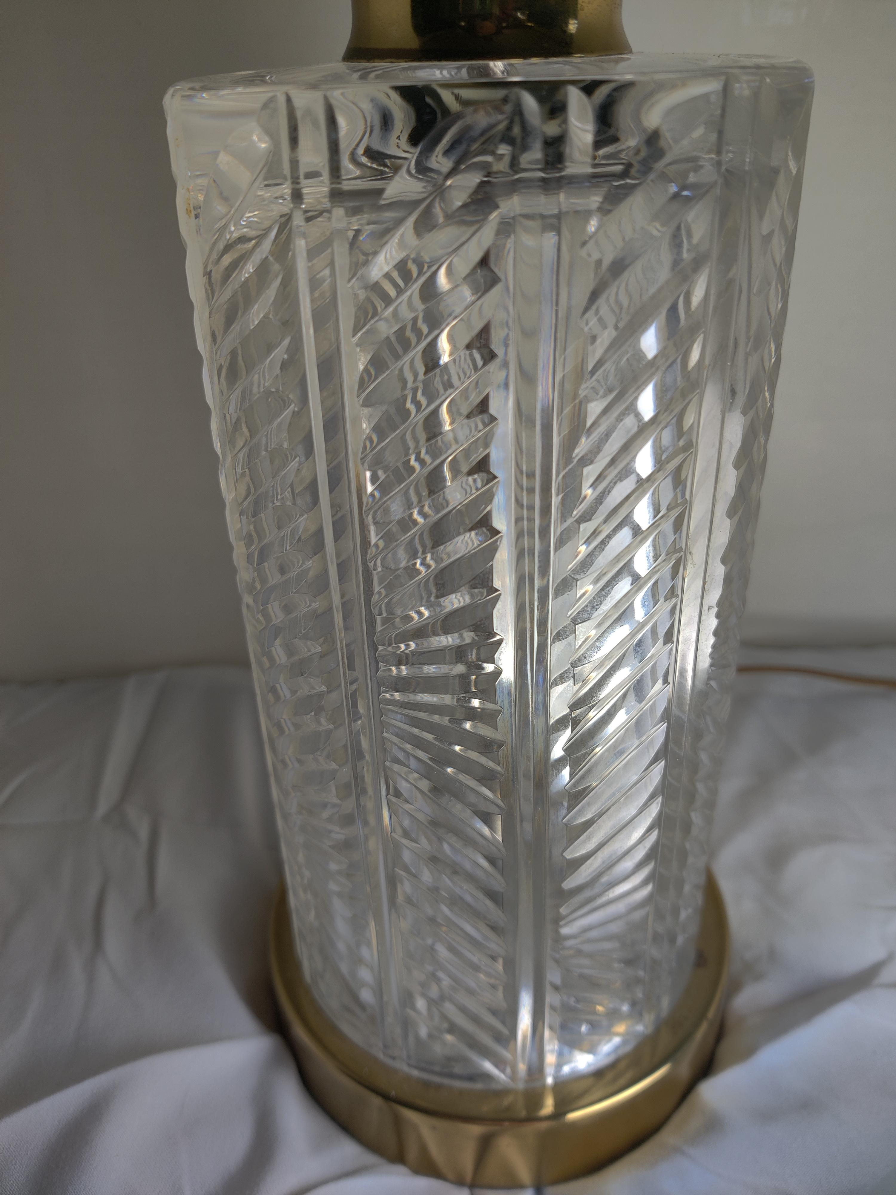 Brass Mid Century Waterford Herringbone Cut Crystal Lamp For Sale
