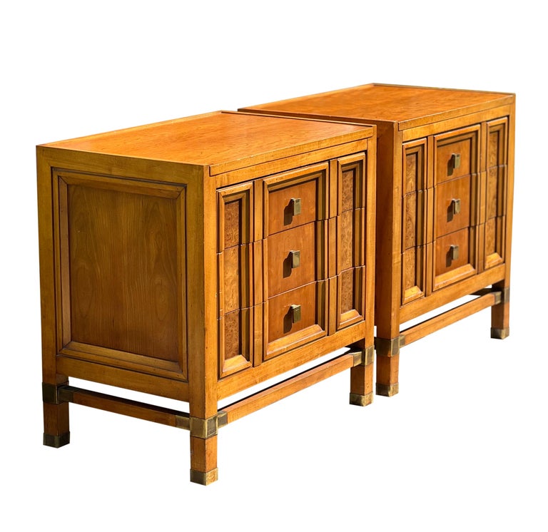 Mid Century Weathered Cherry Nightstands with Burl by J.L. Metz For