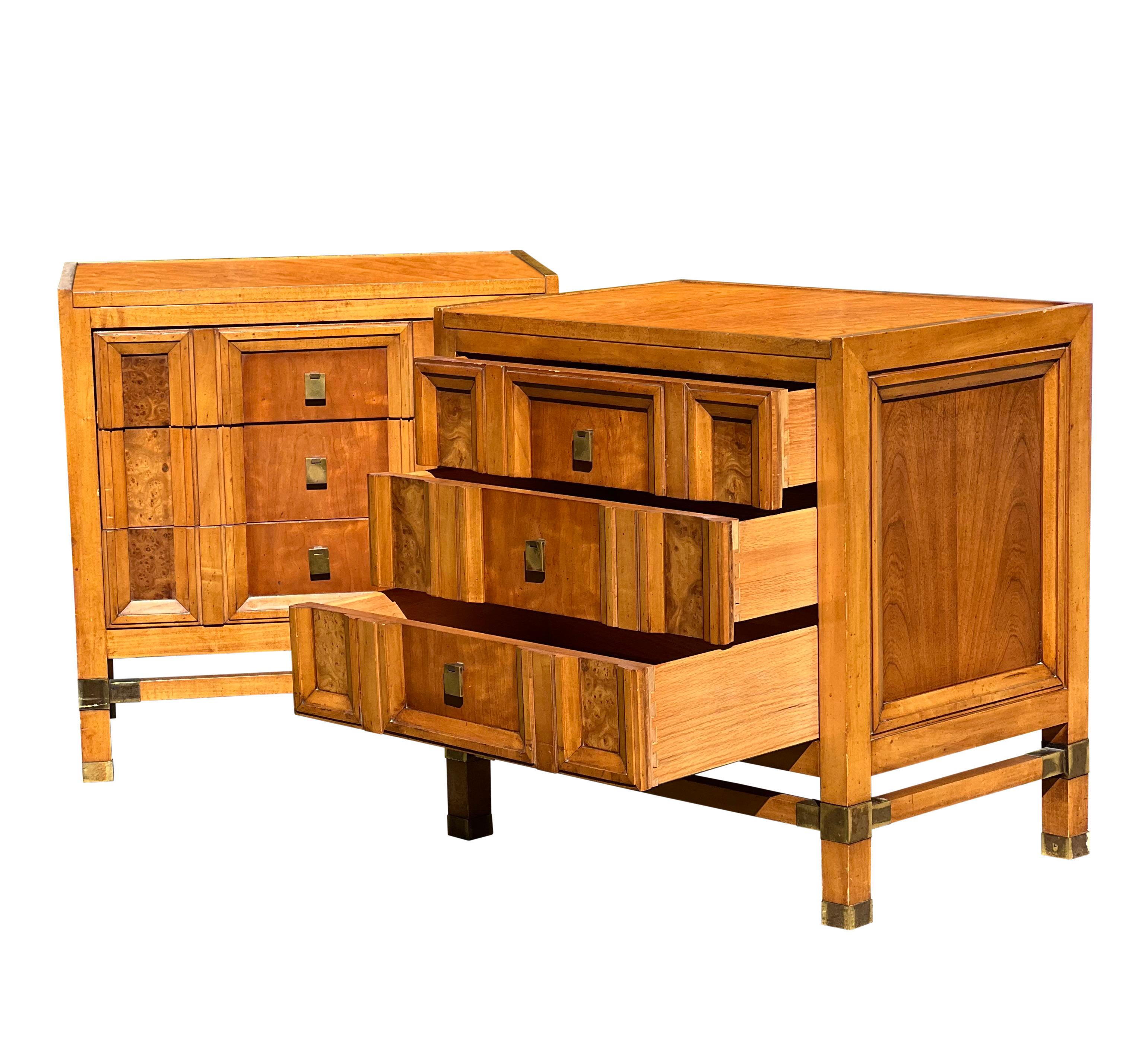 Mid Century Weathered Cherry Nightstands with Burl by J.L. Metz In Good Condition For Sale In Doylestown, PA