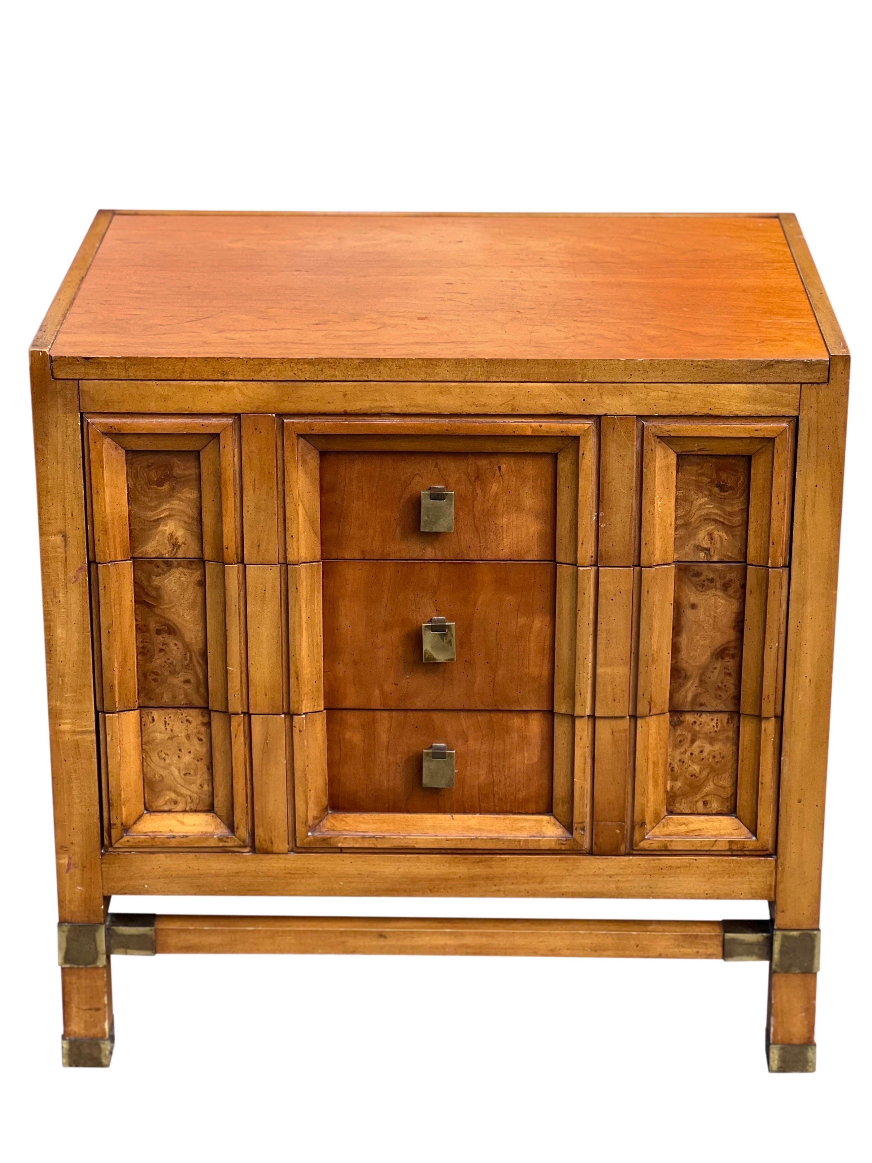 20th Century Mid Century Weathered Cherry Nightstands with Burl by J.L. Metz For Sale