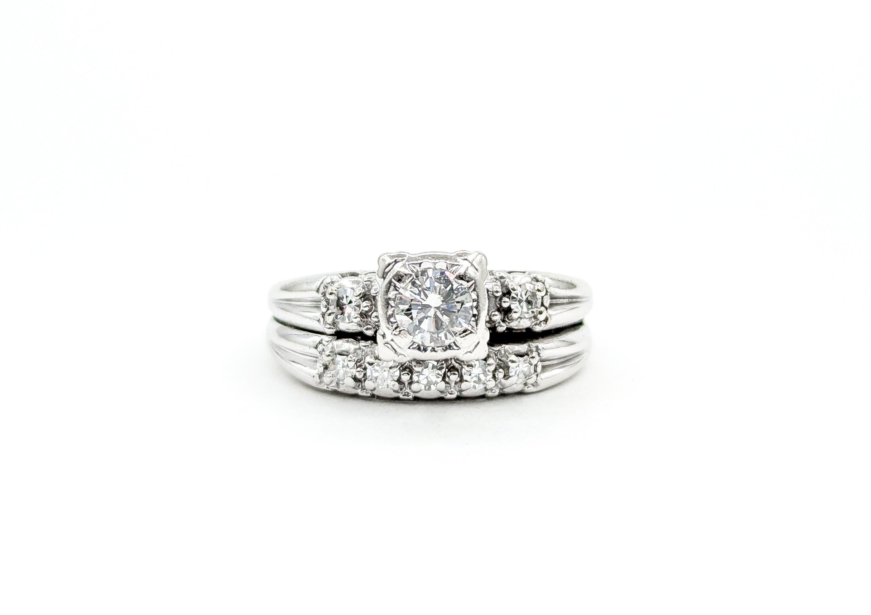 Mid Century Wedding Set Engagement Ring in White Gold 4