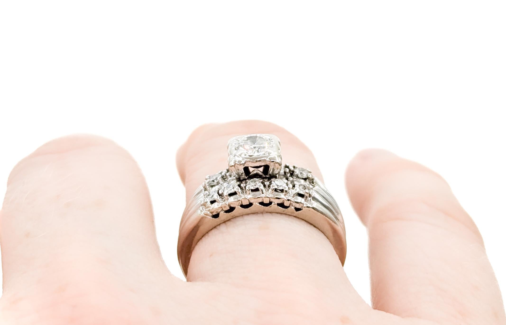 Retro Mid Century Wedding Set Engagement Ring in White Gold