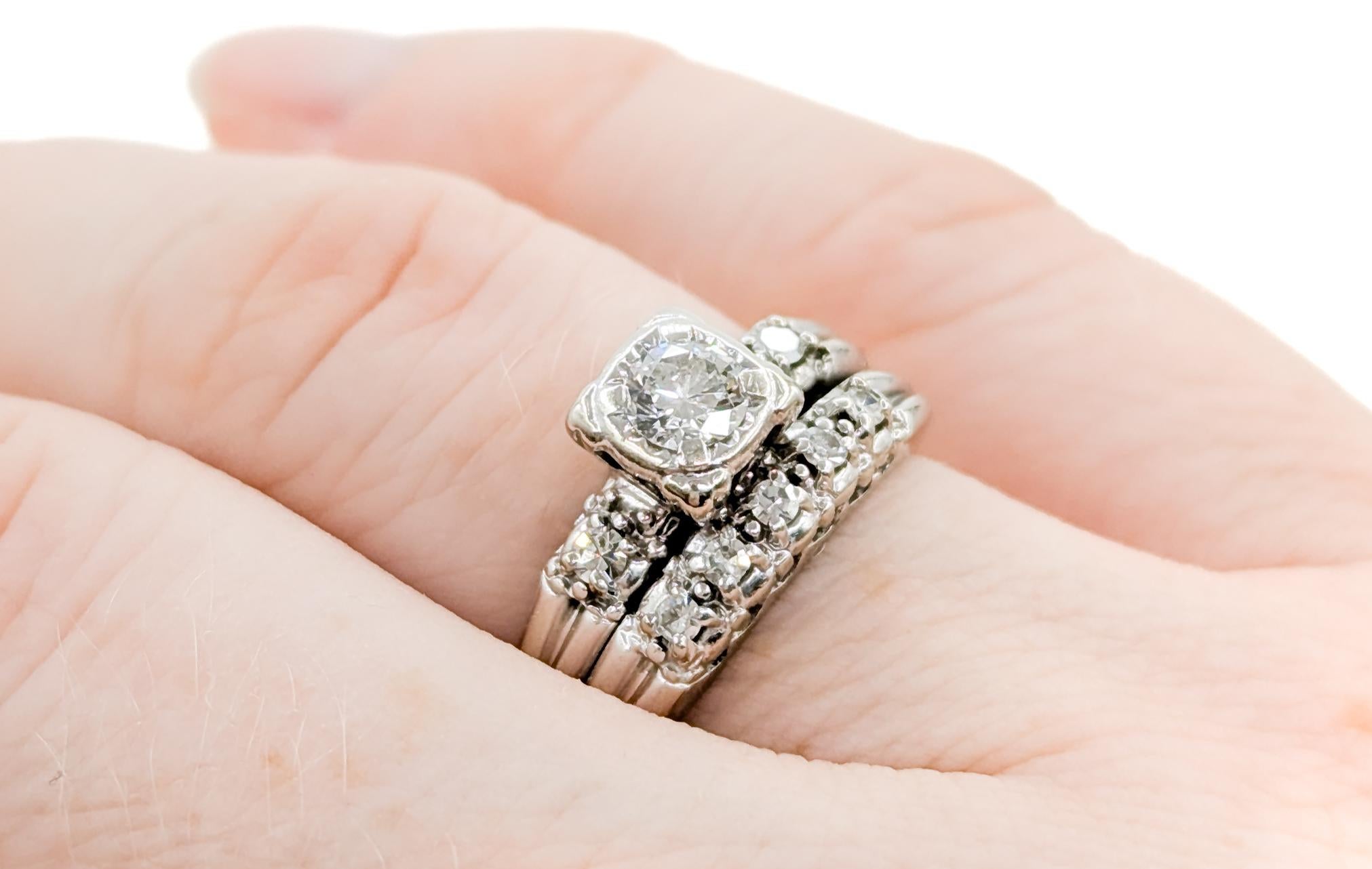 Round Cut Mid Century Wedding Set Engagement Ring in White Gold
