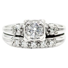 Mid Century Wedding Set Engagement Ring in White Gold