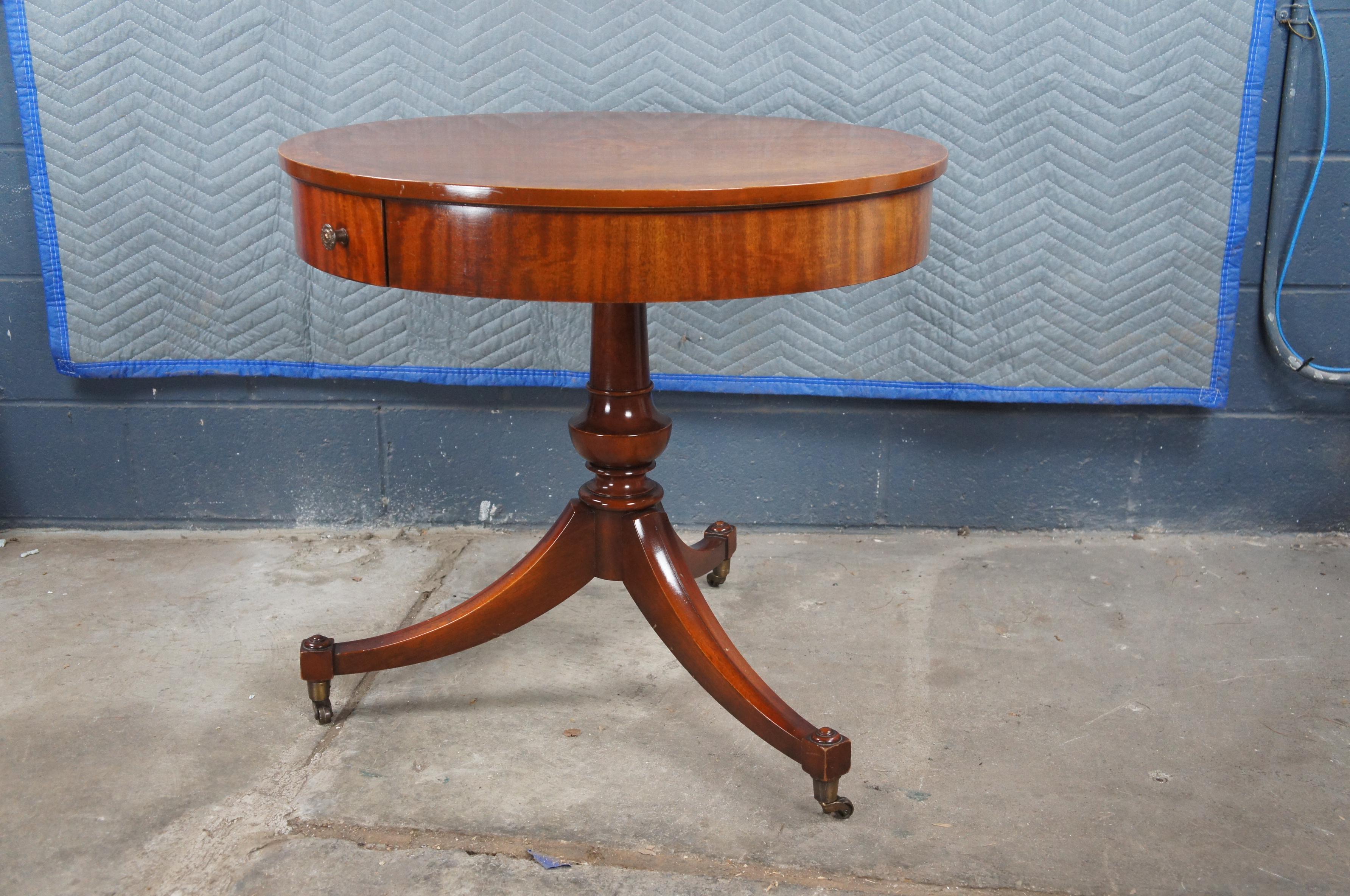 Mid Century Weiman English Regency Style Mahogany Burl Pedestal Drum Side Table For Sale 4