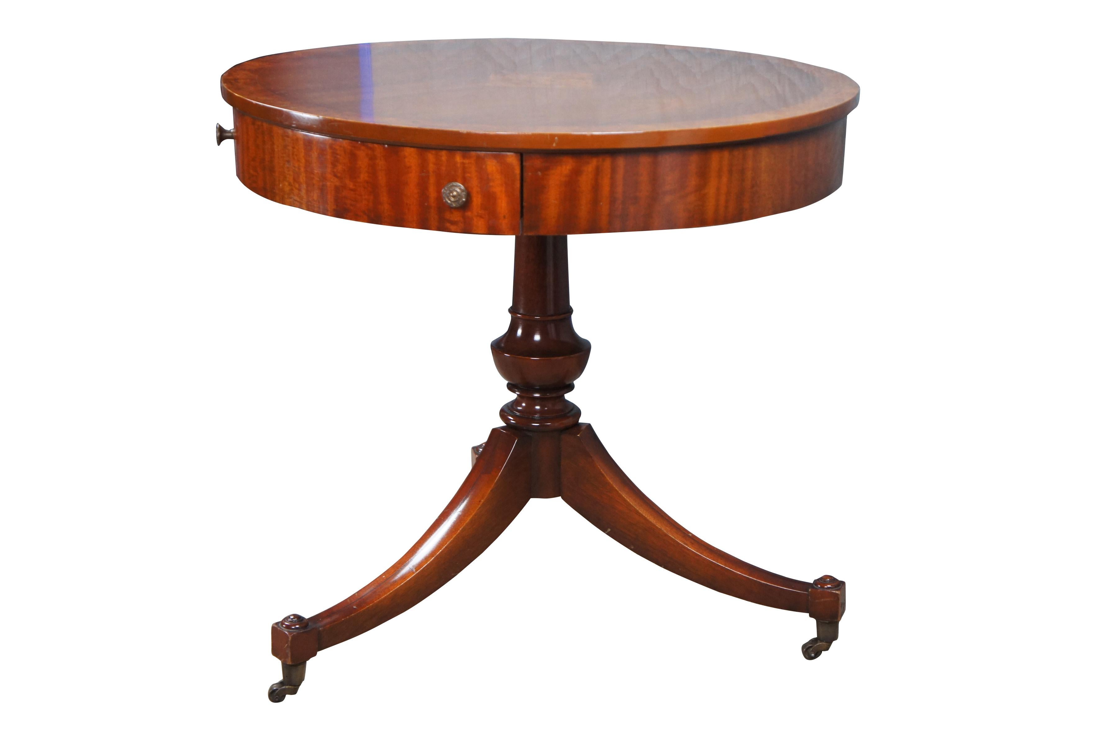 American Mid Century Weiman English Regency Style Mahogany Burl Pedestal Drum Side Table For Sale