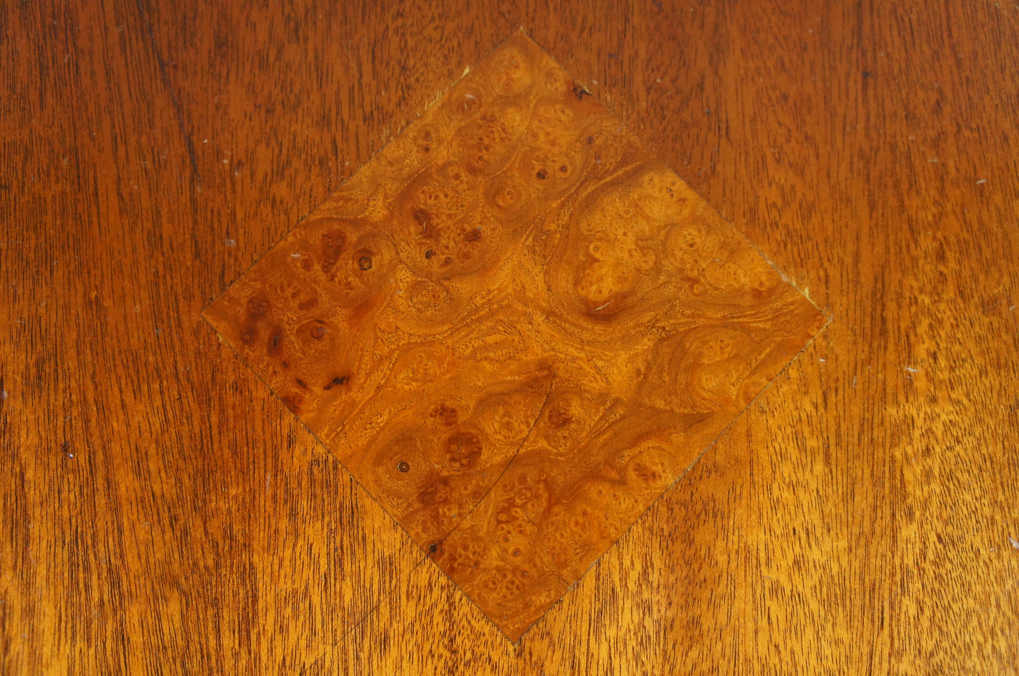 Mid Century Weiman English Regency Style Mahogany Burl Pedestal Drum Side Table In Fair Condition For Sale In Dayton, OH