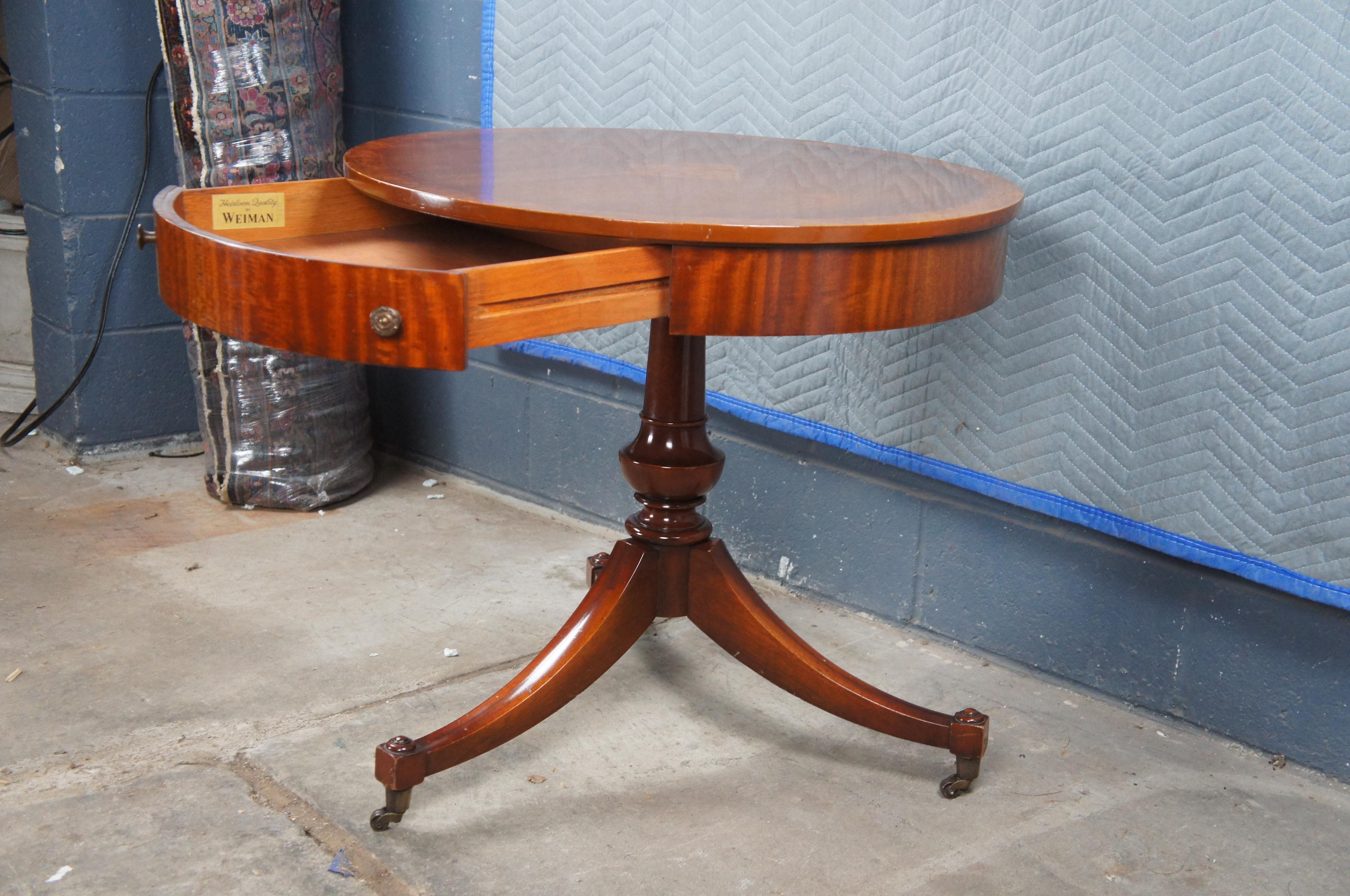 Mid Century Weiman English Regency Style Mahogany Burl Pedestal Drum Side Table For Sale 1