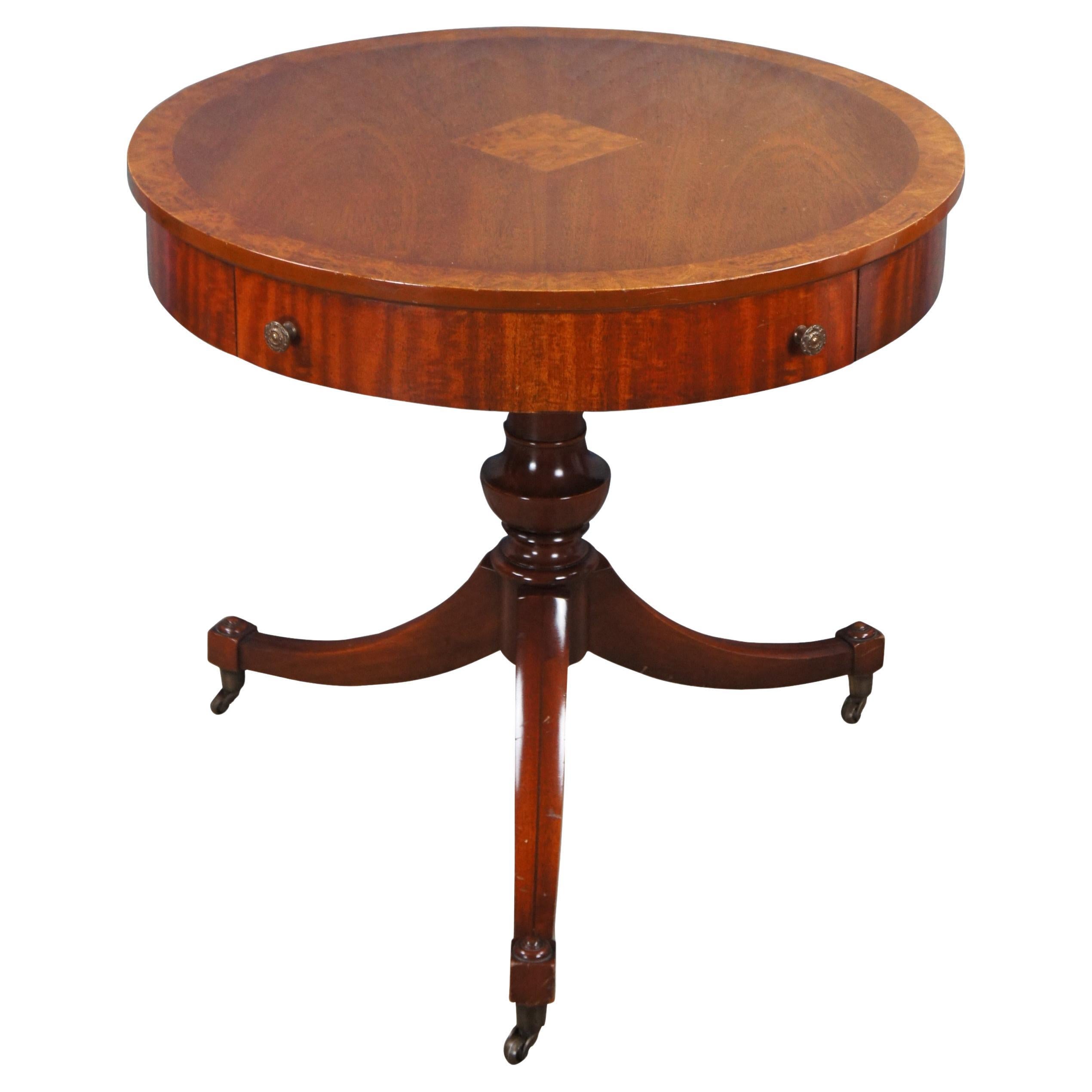 Mid Century Weiman English Regency Style Mahogany Burl Pedestal Drum Side Table For Sale