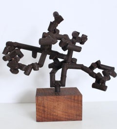Mid Century Welded Dark Iron Rod Table Sculpture on Walnut Block Base