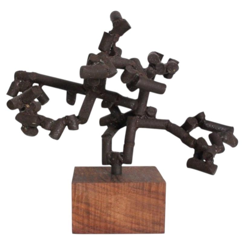 Mid Century Welded Dark Iron Rod Table Sculpture on Walnut Block Base