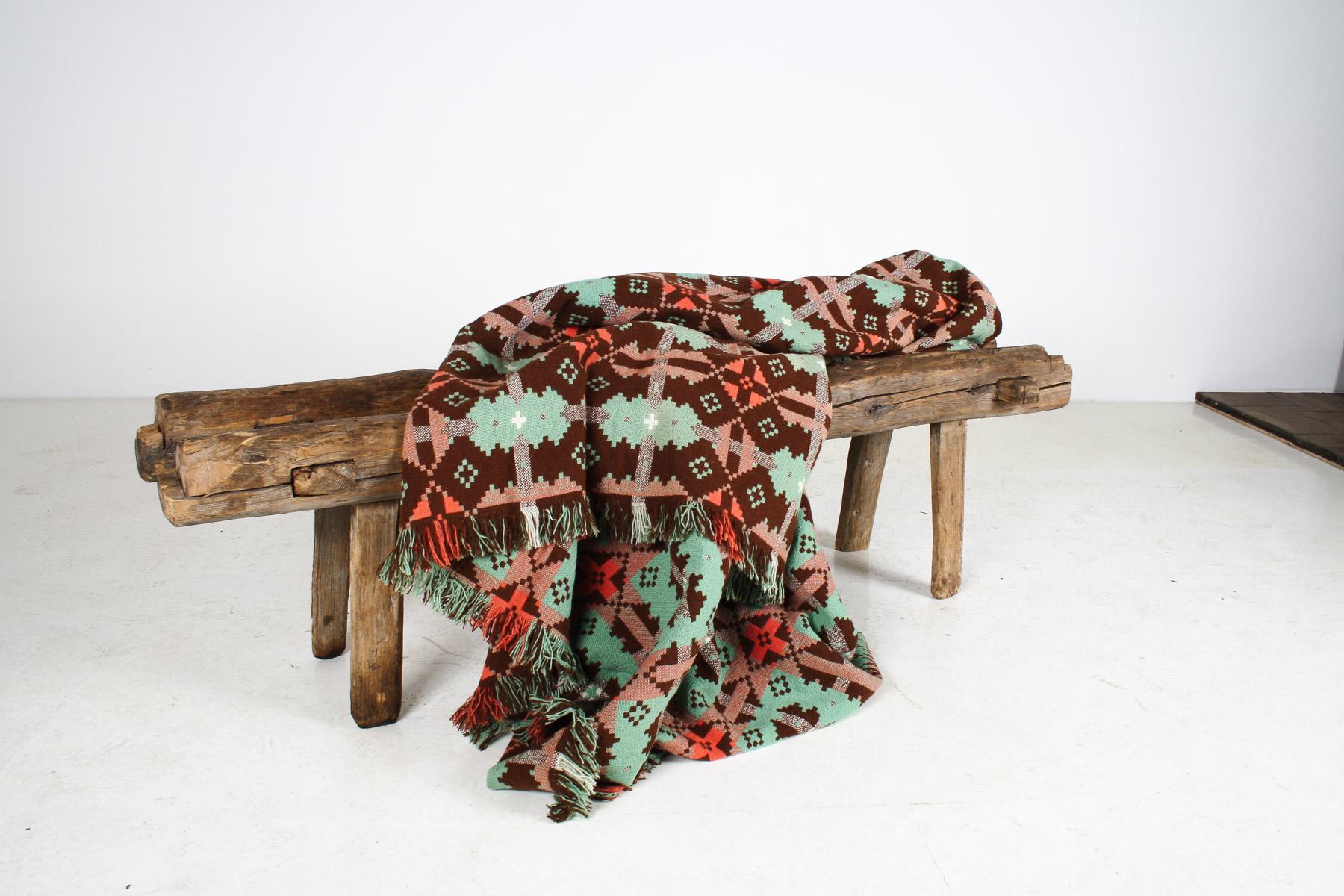 Mid Century Welsh Wool Tapestry Blanket in Autumnal Brown and Green 5