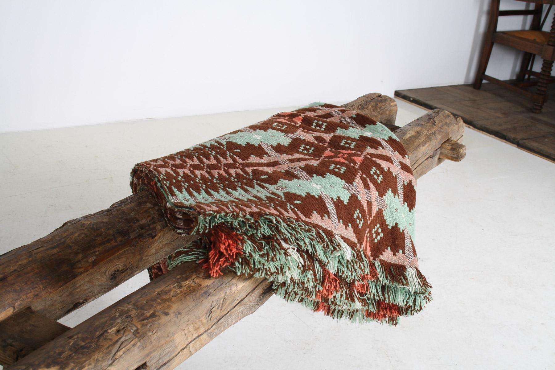 Mid Century Welsh Wool Tapestry Blanket in Autumnal Brown and Green 6