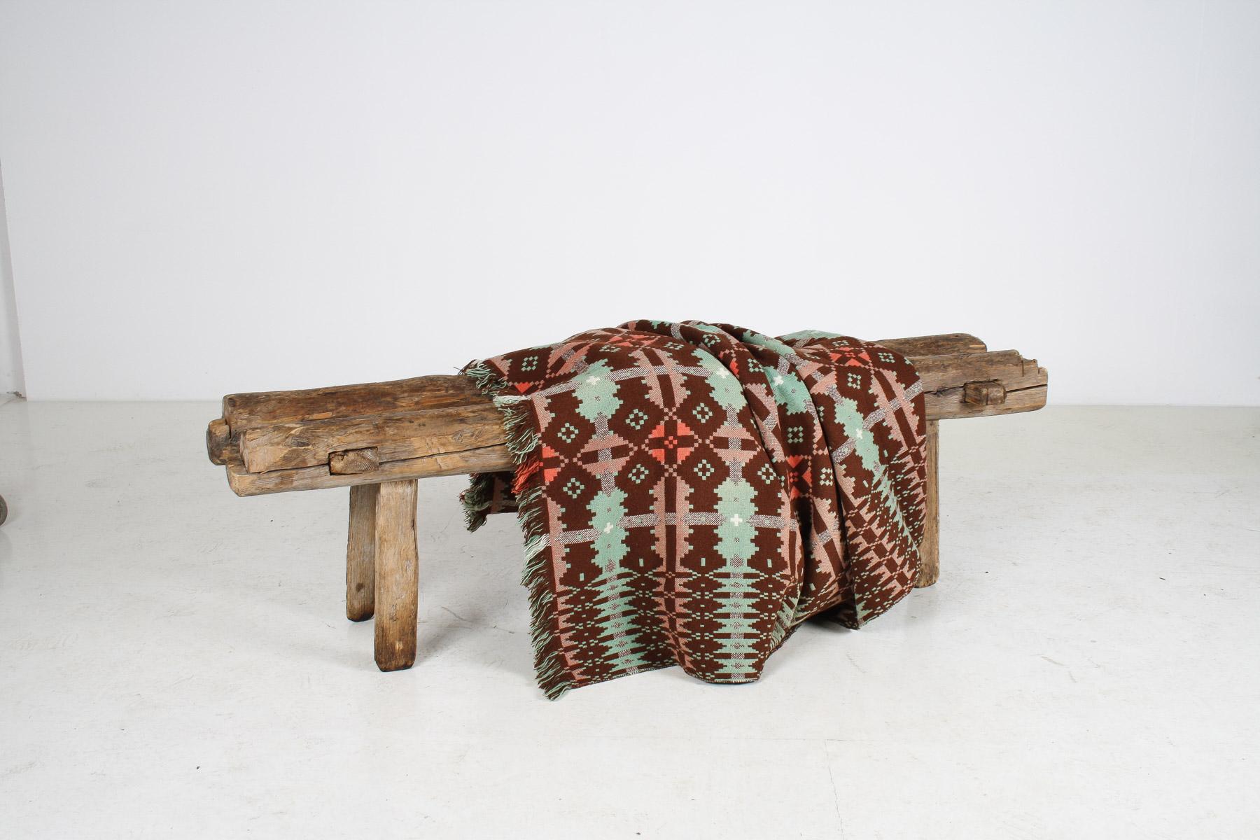 Mid Century Welsh Wool Tapestry Blanket in Autumnal Brown and Green 1