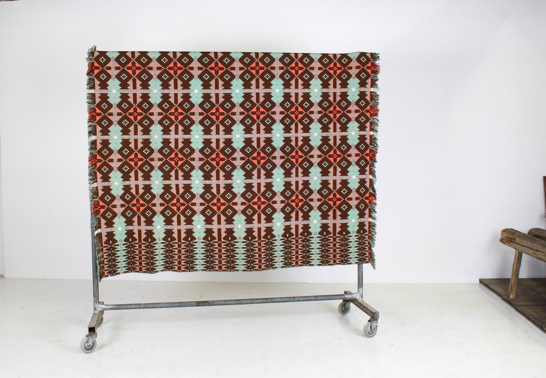 Mid Century Welsh Wool Tapestry Blanket in Autumnal Brown and Green 2