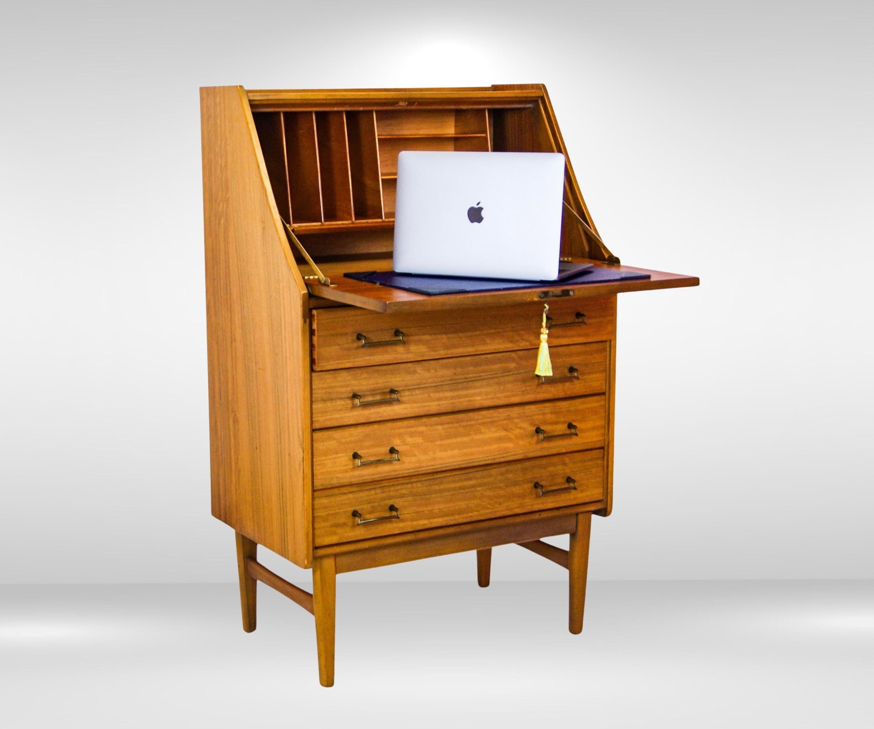 Mid-Century Modern 1950s Welters of Wycombe Secrétaire Bureau Desk With Leather Flip-down Worktop