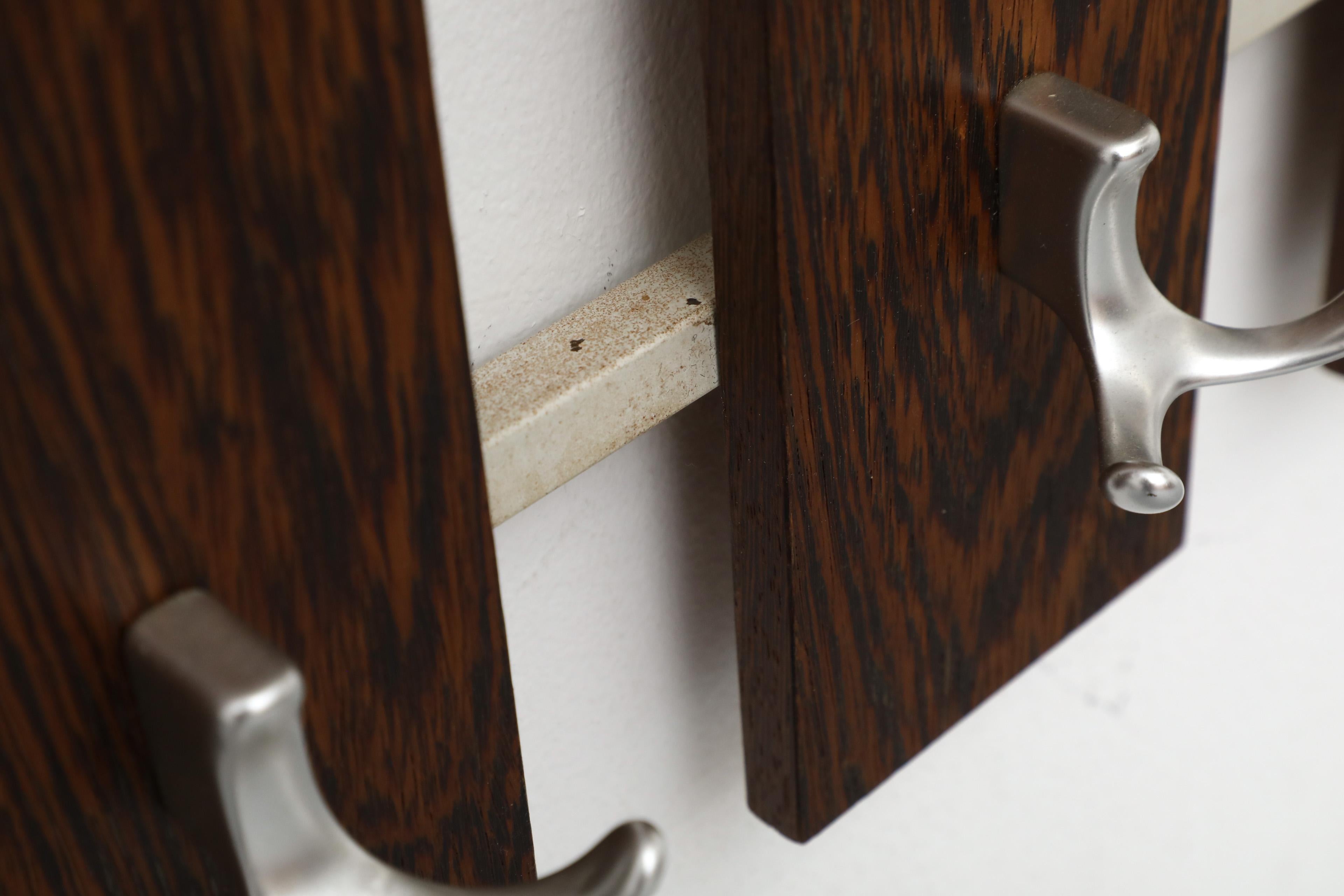 Mid-Century Wenge Slatted Wall Mounted Coat Rack with Mirror and Eight Hooks For Sale 3