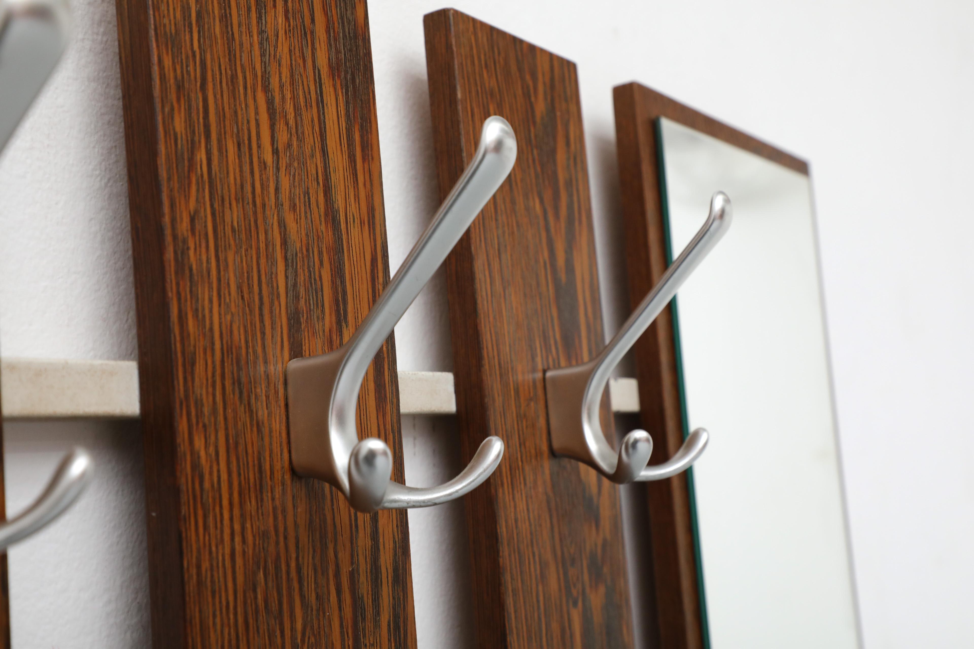Mid-Century Wenge Slatted Wall Mounted Coat Rack with Mirror and Eight Hooks For Sale 4