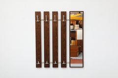 Mid-Century Wenge Slatted Wall Mounted Coat Rack with Mirror and Eight Hooks