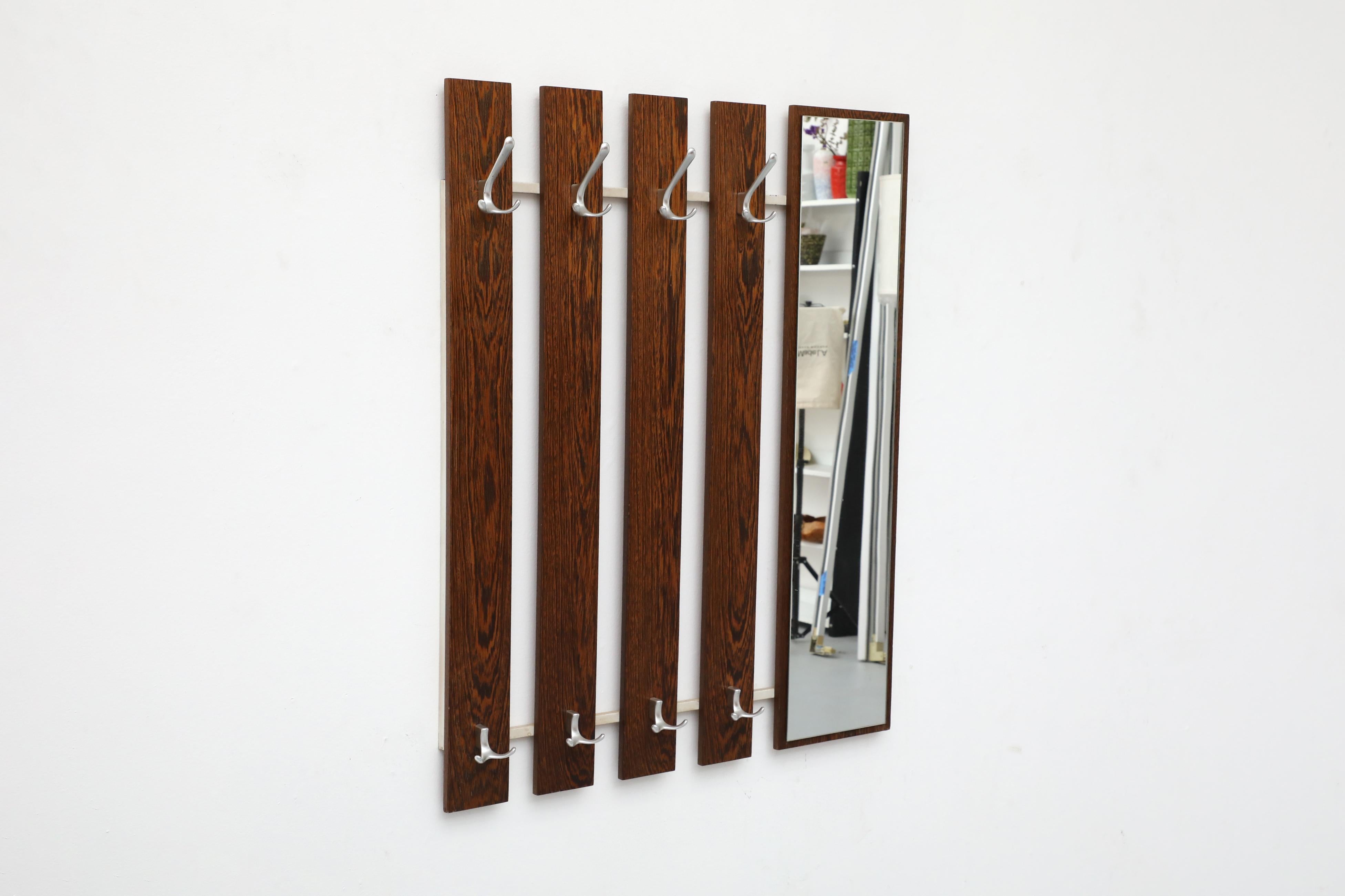 Mid-Century Modern Mid-Century Wenge Slatted Wall Mounted Coat Rack with Mirror and Eight Hooks For Sale