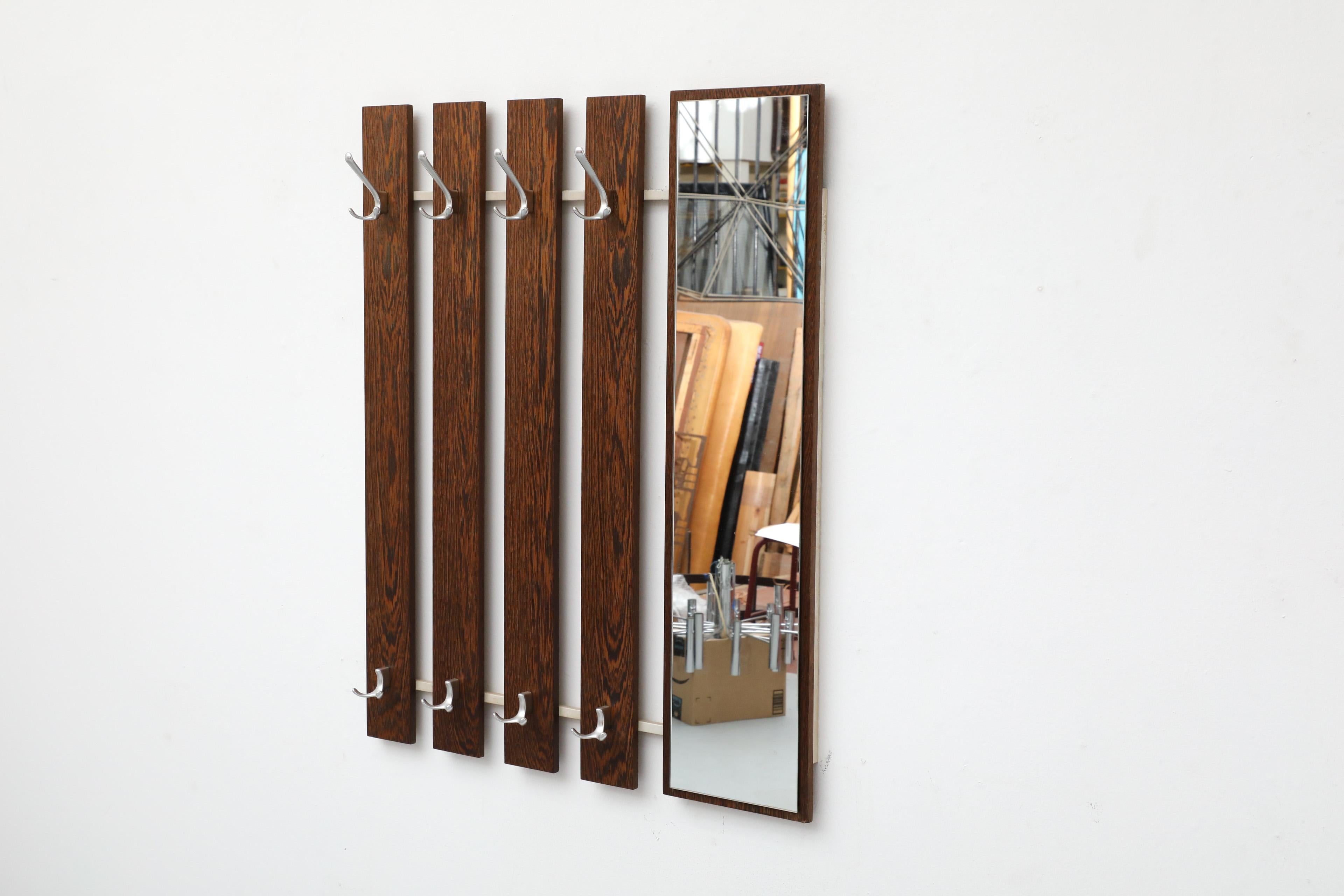 Dutch Mid-Century Wenge Slatted Wall Mounted Coat Rack with Mirror and Eight Hooks For Sale
