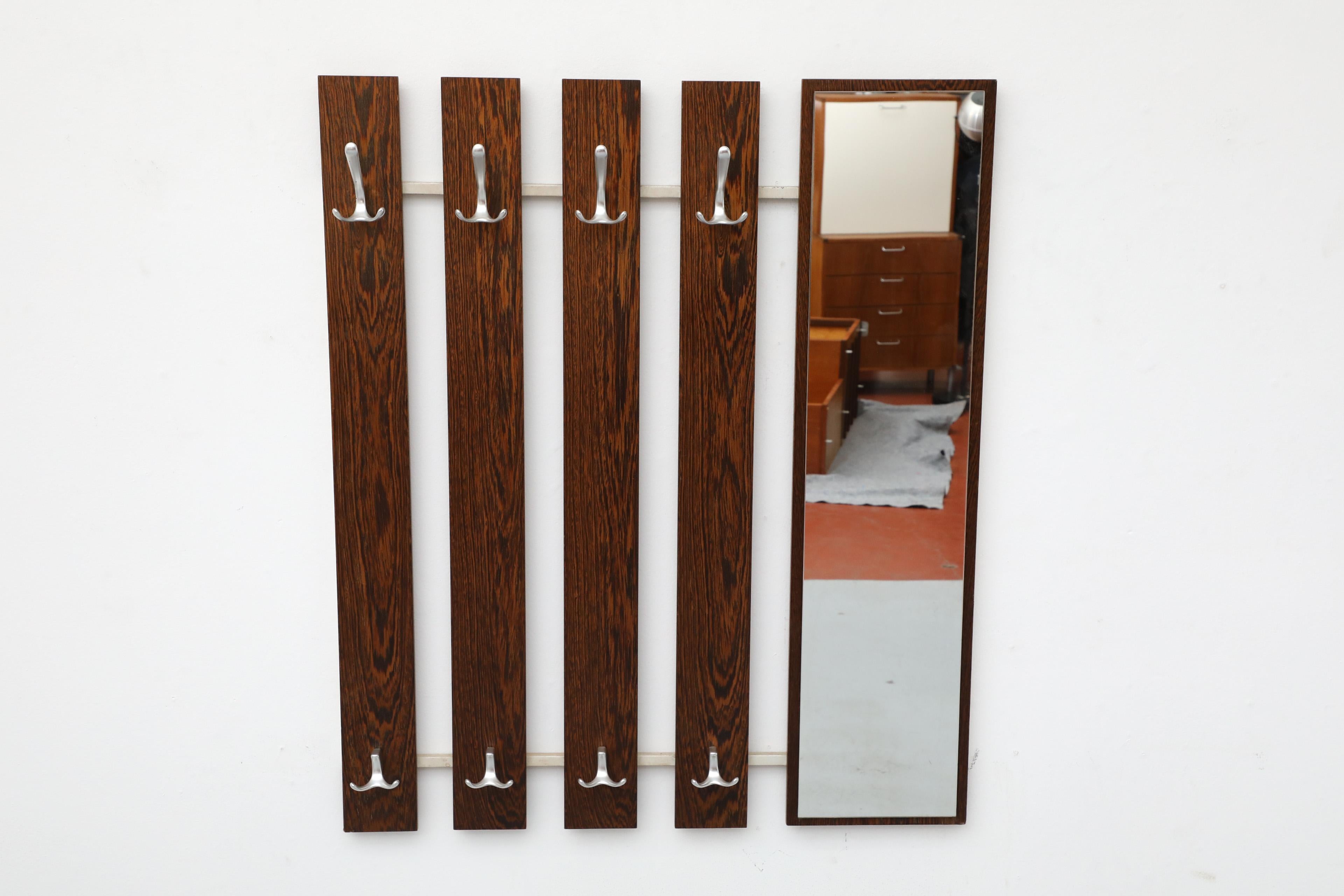 Enameled Mid-Century Wenge Slatted Wall Mounted Coat Rack with Mirror and Eight Hooks For Sale