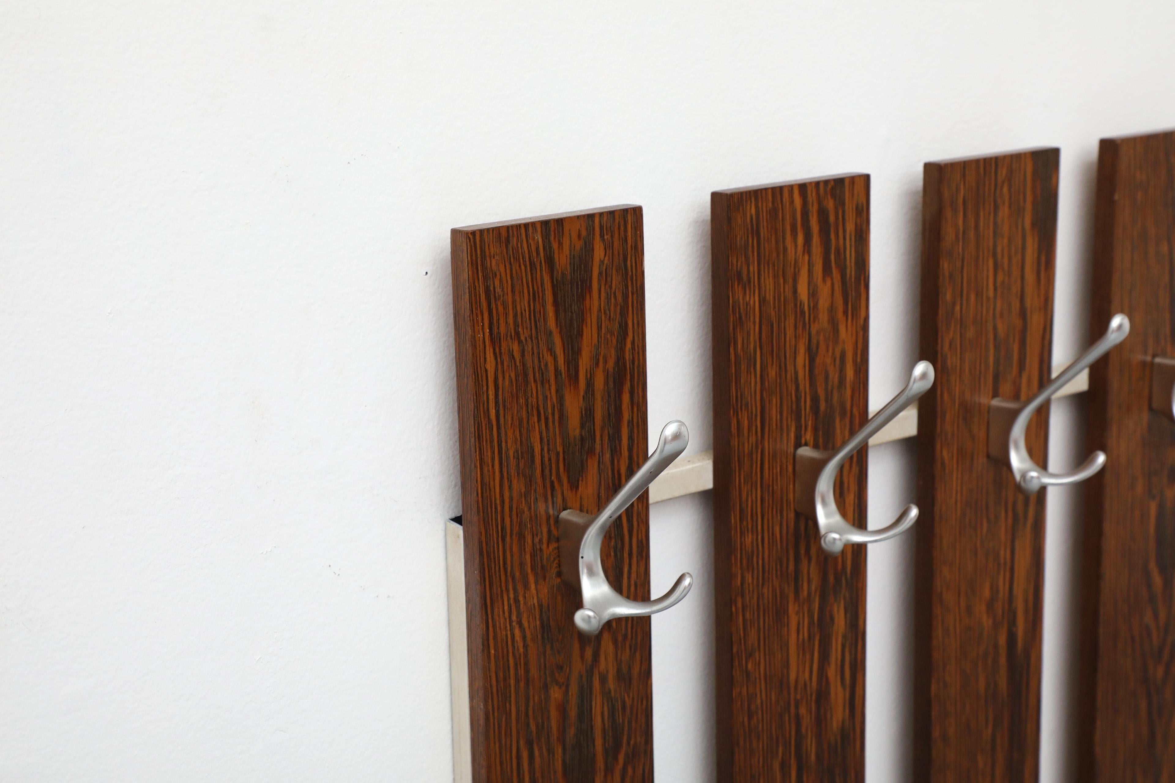 20th Century Mid-Century Wenge Slatted Wall Mounted Coat Rack with Mirror and Eight Hooks For Sale