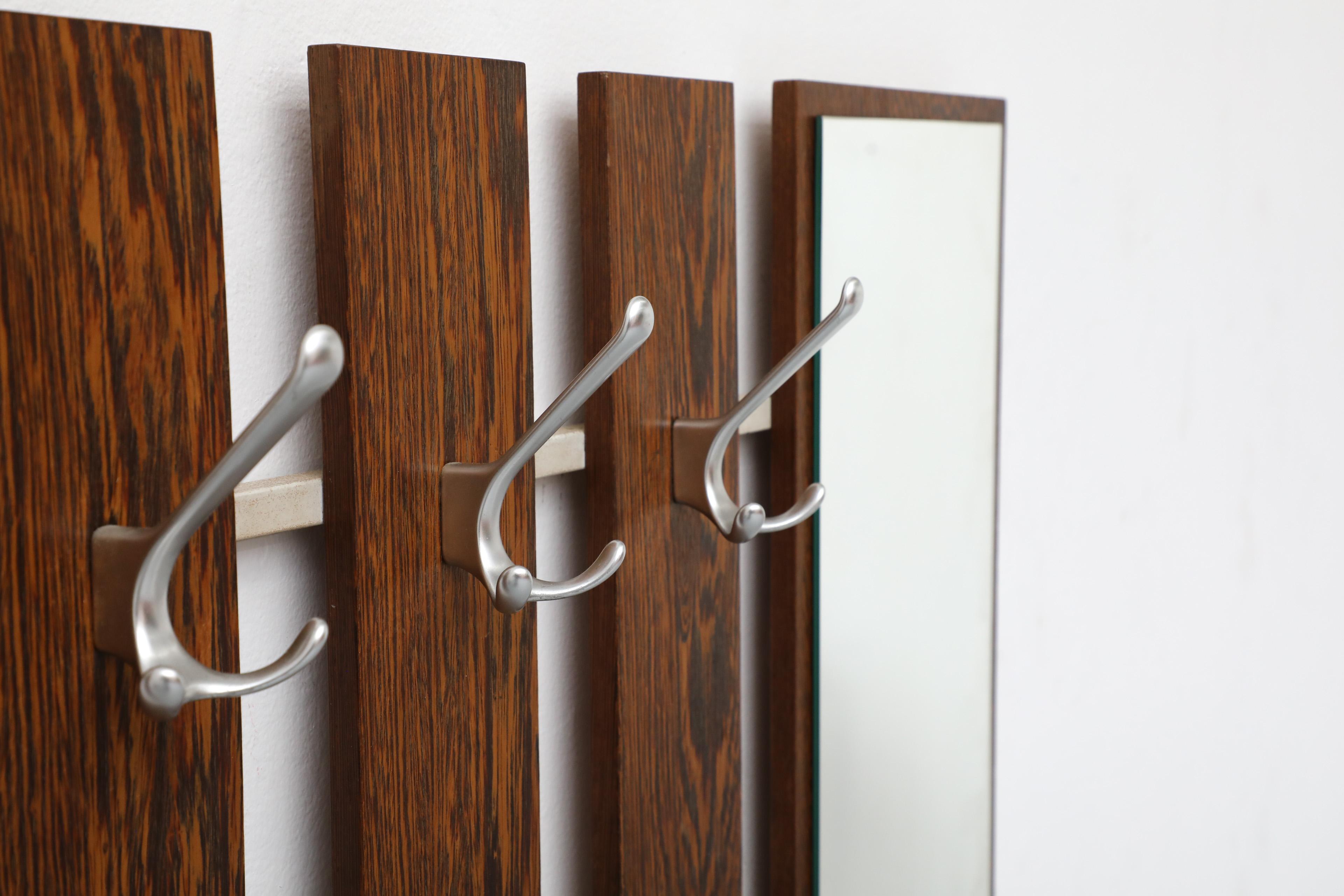 Metal Mid-Century Wenge Slatted Wall Mounted Coat Rack with Mirror and Eight Hooks For Sale