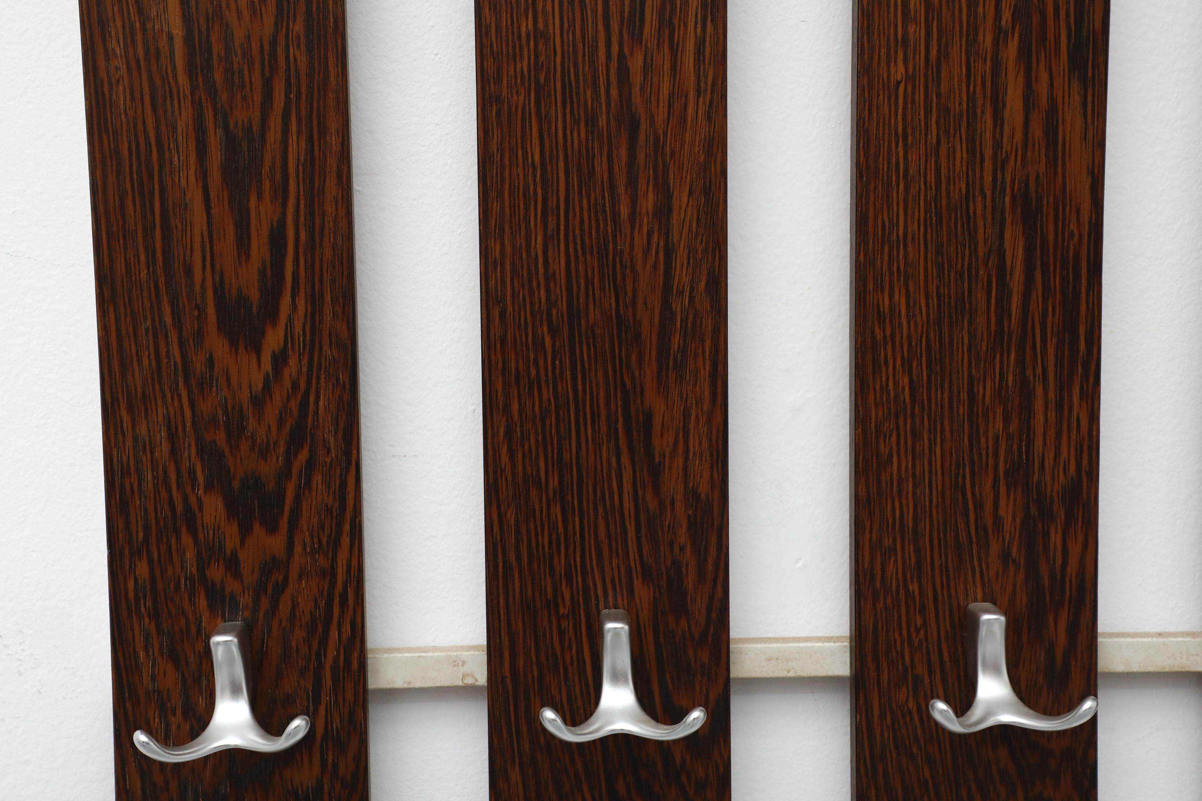 Mid-Century Wenge Slatted Wall Mounted Coat Rack with Mirror and Eight Hooks For Sale 1