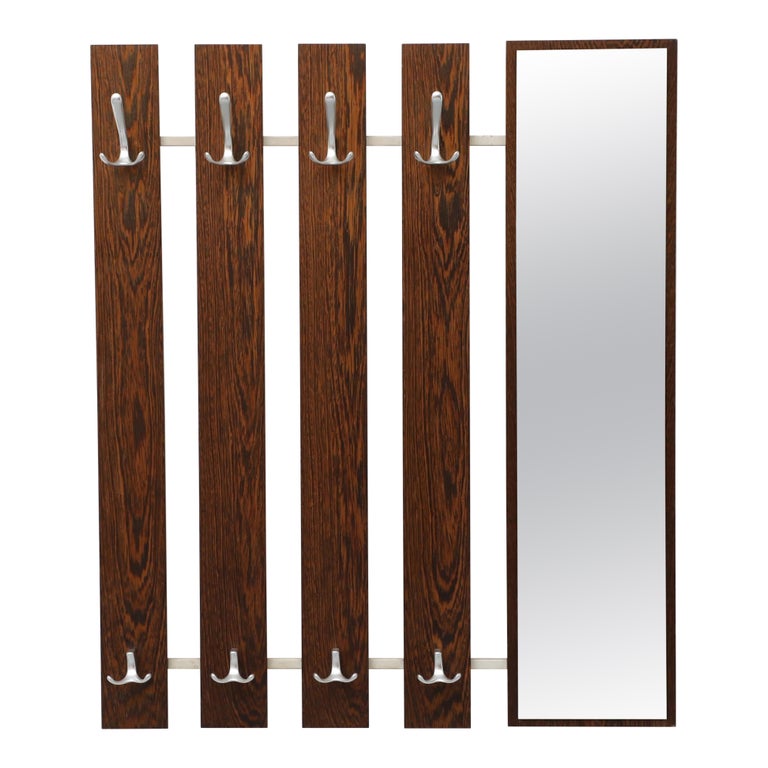 Mid-Century Wenge Slatted Wall Mounted Coat Rack with Mirror and