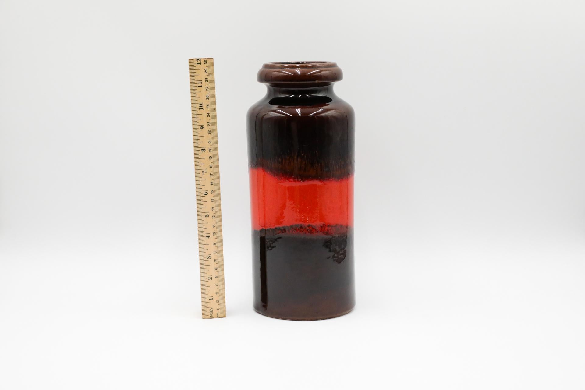 Glazed Mid-Century West German Ceramic Vase with Dark Brown Glaze and Orange Stripe For Sale