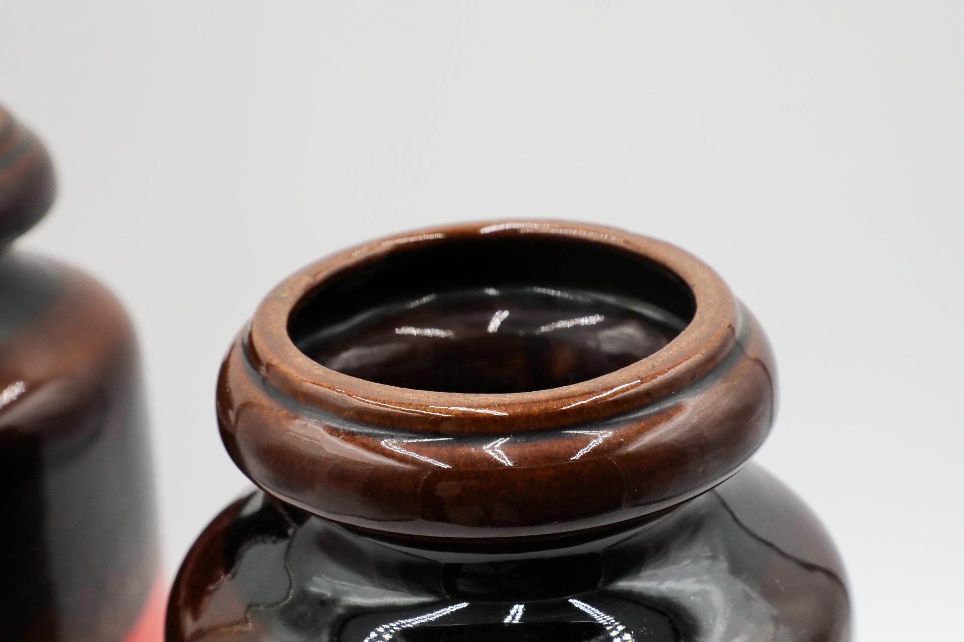 Mid-Century West German Ceramic Vase with Dark Brown Glaze and Orange Stripe For Sale 2