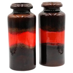 Mid-Century West German Ceramic Vase with Dark Brown Glaze and Orange Stripe