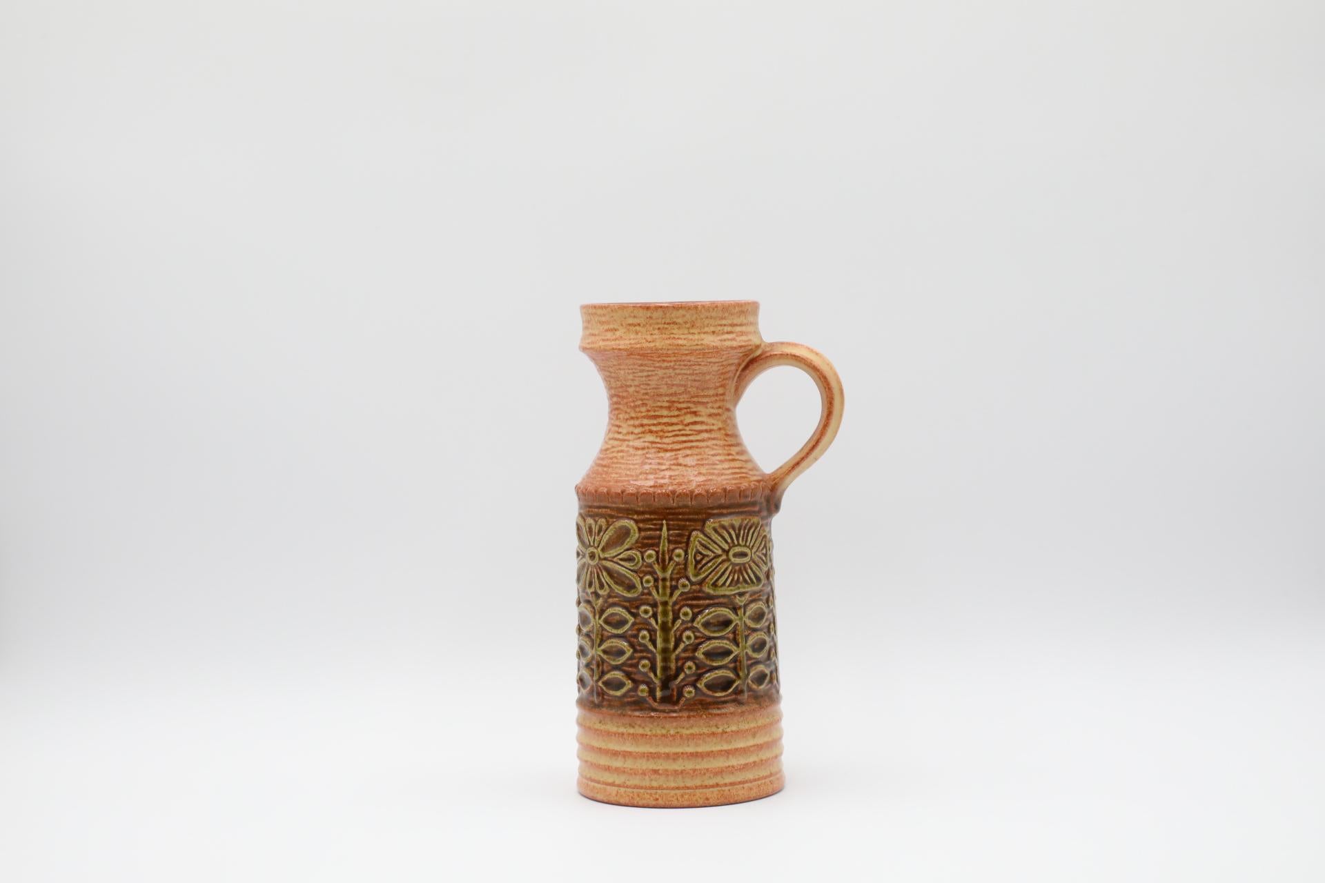 Glazed Mid-Century West German Ceramic Vase with Stylized Flowers For Sale